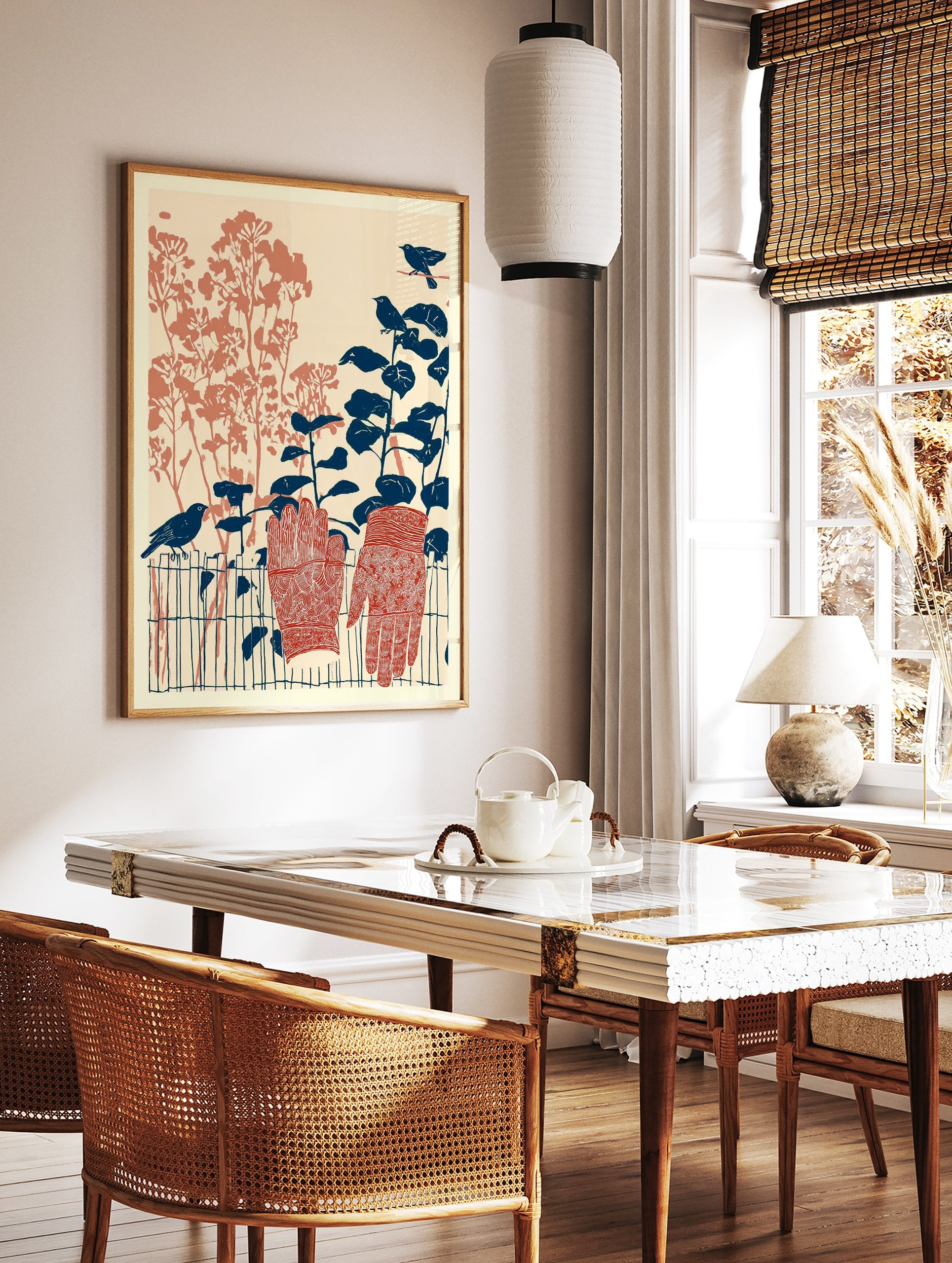 Illustrative Garden Wall Art print with blue birds, terracotta plants, and patterned gardening gloves on a fence. - Image 2