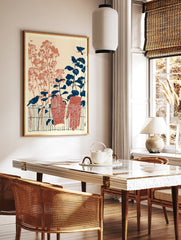 Illustrative Garden Wall Art print with blue birds, terracotta plants, and patterned gardening gloves on a fence. - Image 2