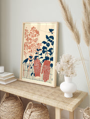 Illustrative Garden Wall Art print with blue birds, terracotta plants, and patterned gardening gloves on a fence. - Image 3