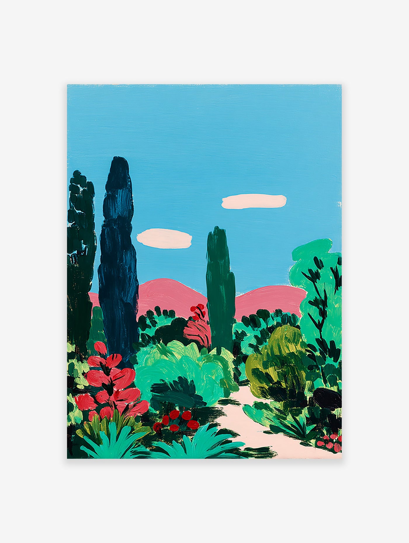 Vibrant garden wall art painting featuring tall trees, green bushes, red flowers, and pink mountains under a blue sky.