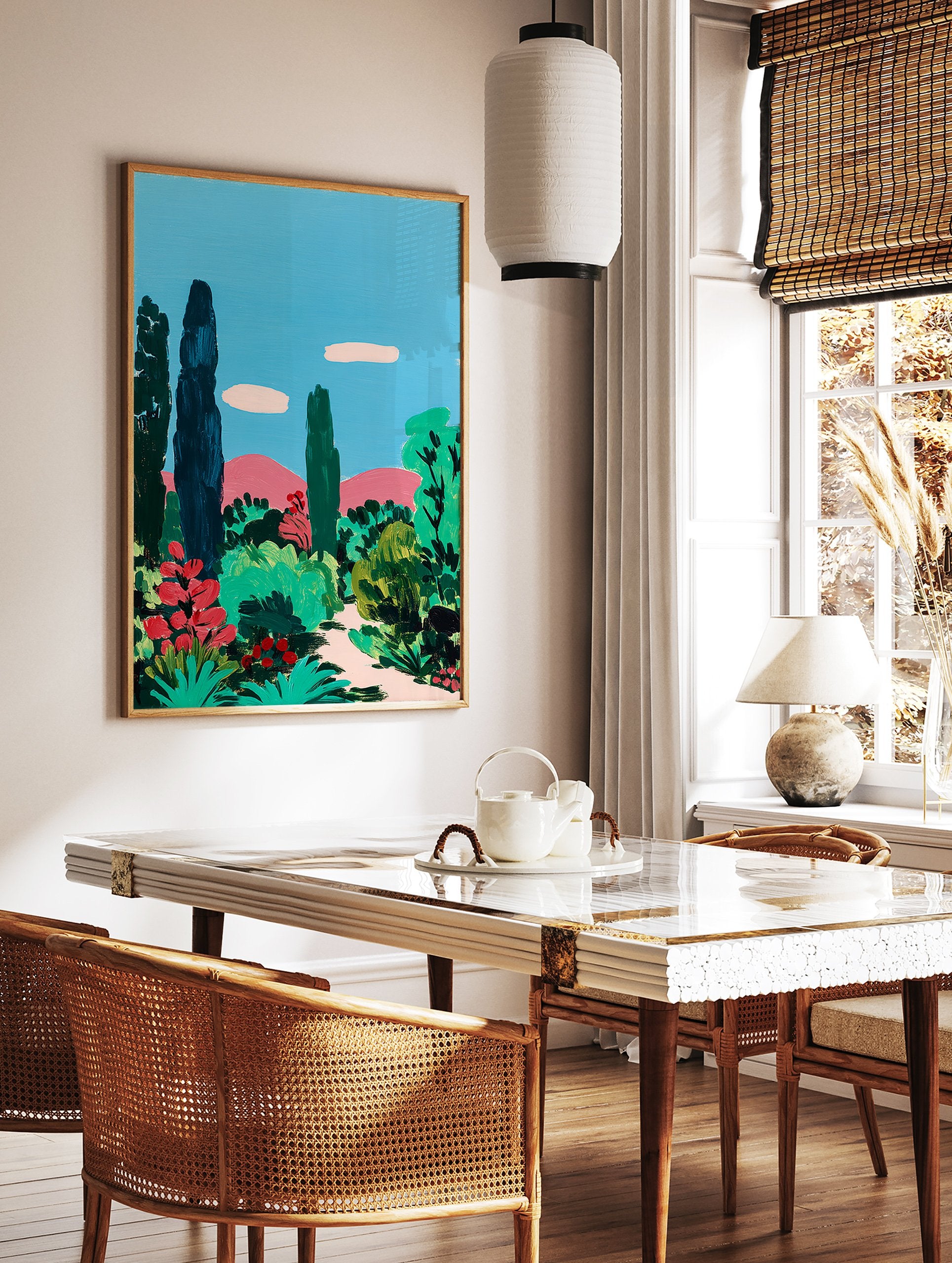 Vibrant garden wall art painting featuring tall trees, green bushes, red flowers, and pink mountains under a blue sky. - Image 2