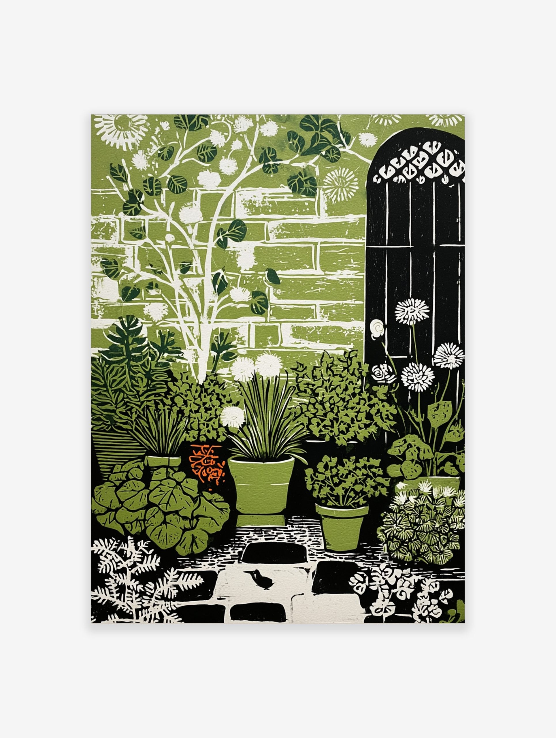 Illustrative green garden art print with potted plants, white dandelions, brick wall, arched gate, and two birds