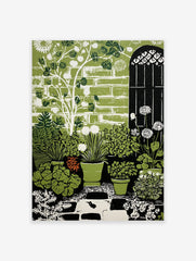 Illustrative green garden art print with potted plants, white dandelions, brick wall, arched gate, and two birds