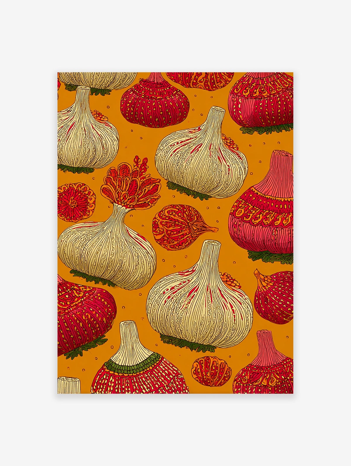 Illustrative garlic wall art print with red and white garlic bulbs and folk patterns on a warm orange background.