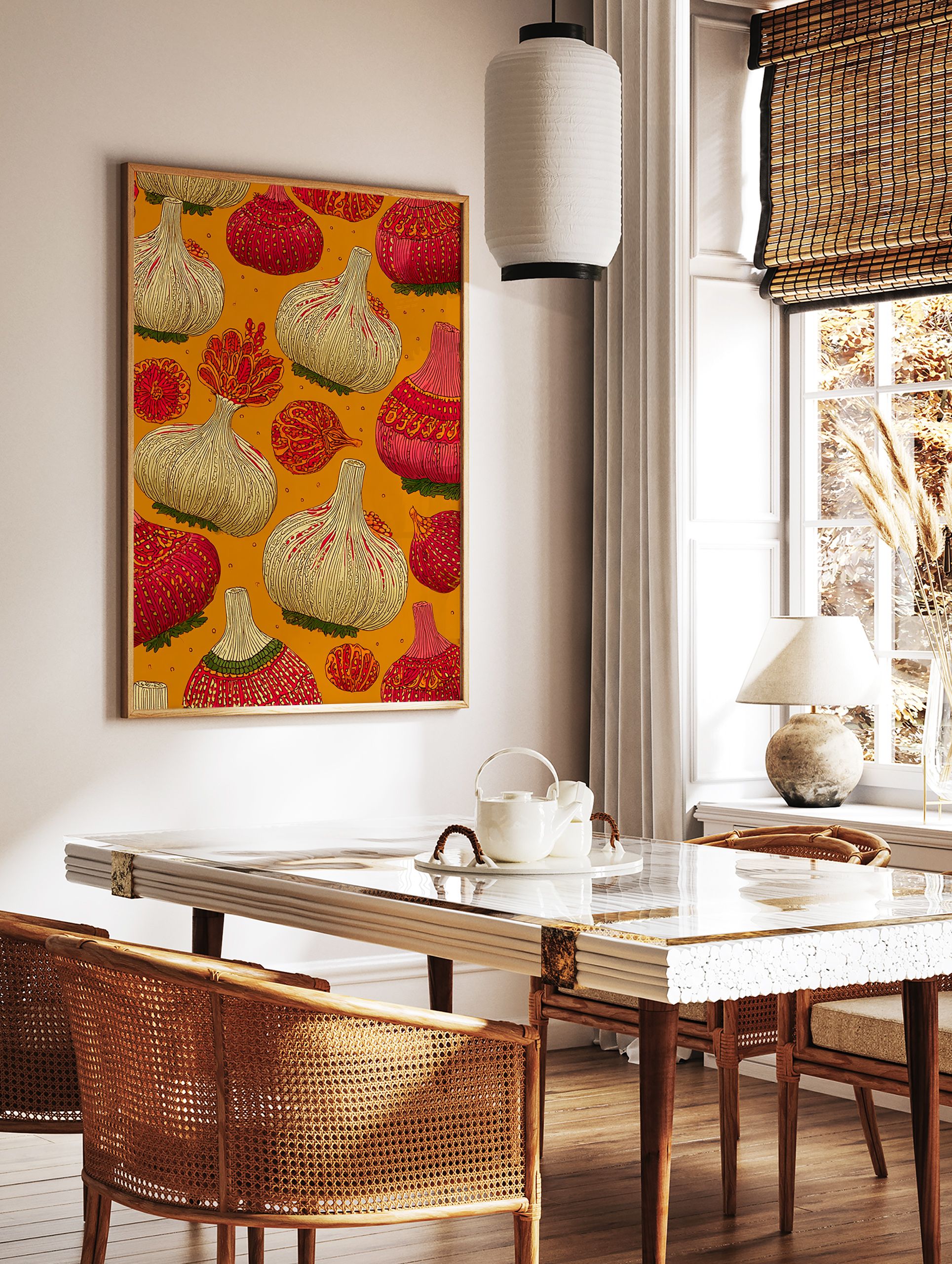 Illustrative garlic wall art print with red and white garlic bulbs and folk patterns on a warm orange background. - Image 2
