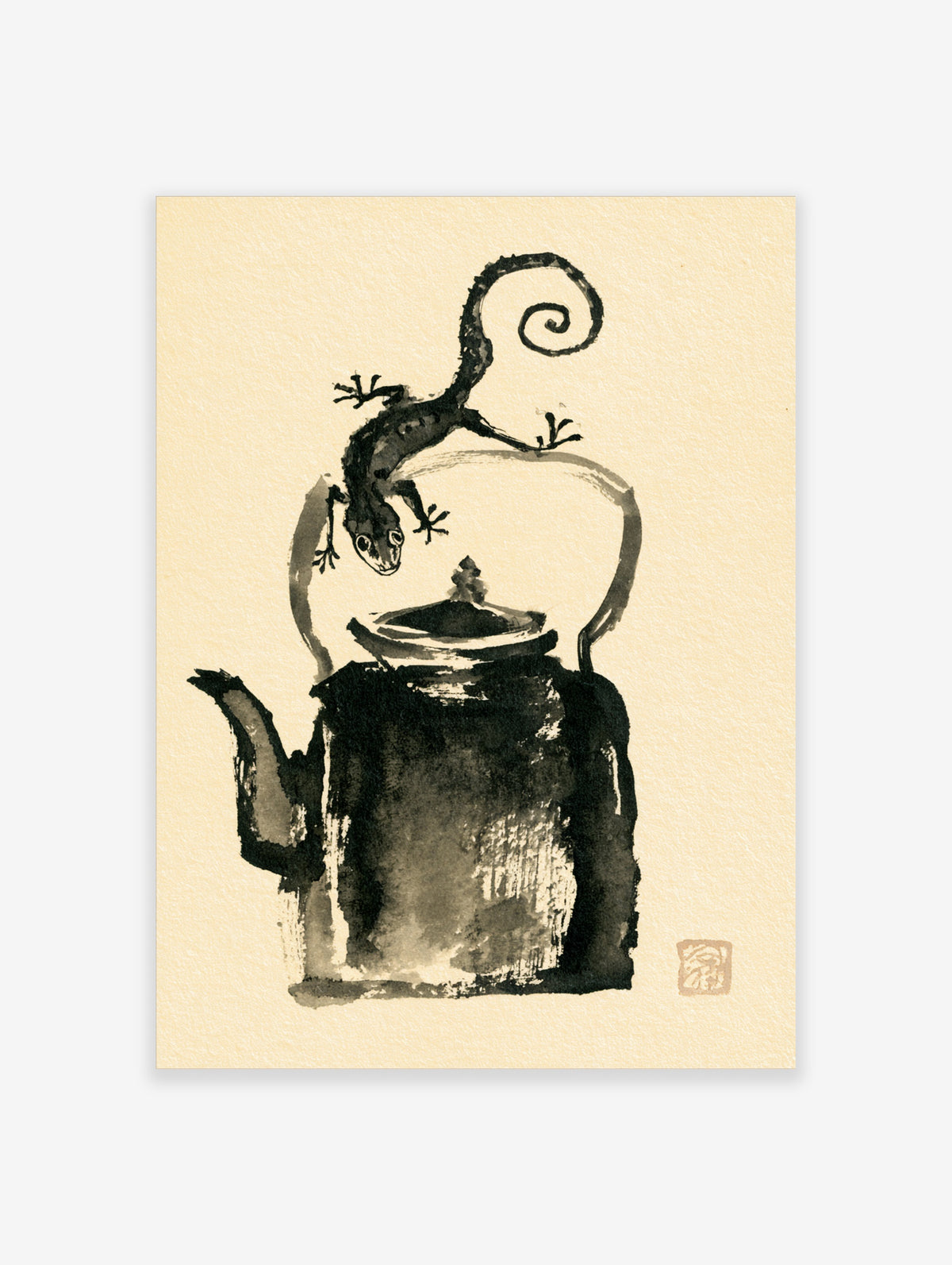 Black ink gecko on teapot with spiral tail, sumi-e style art print on beige background