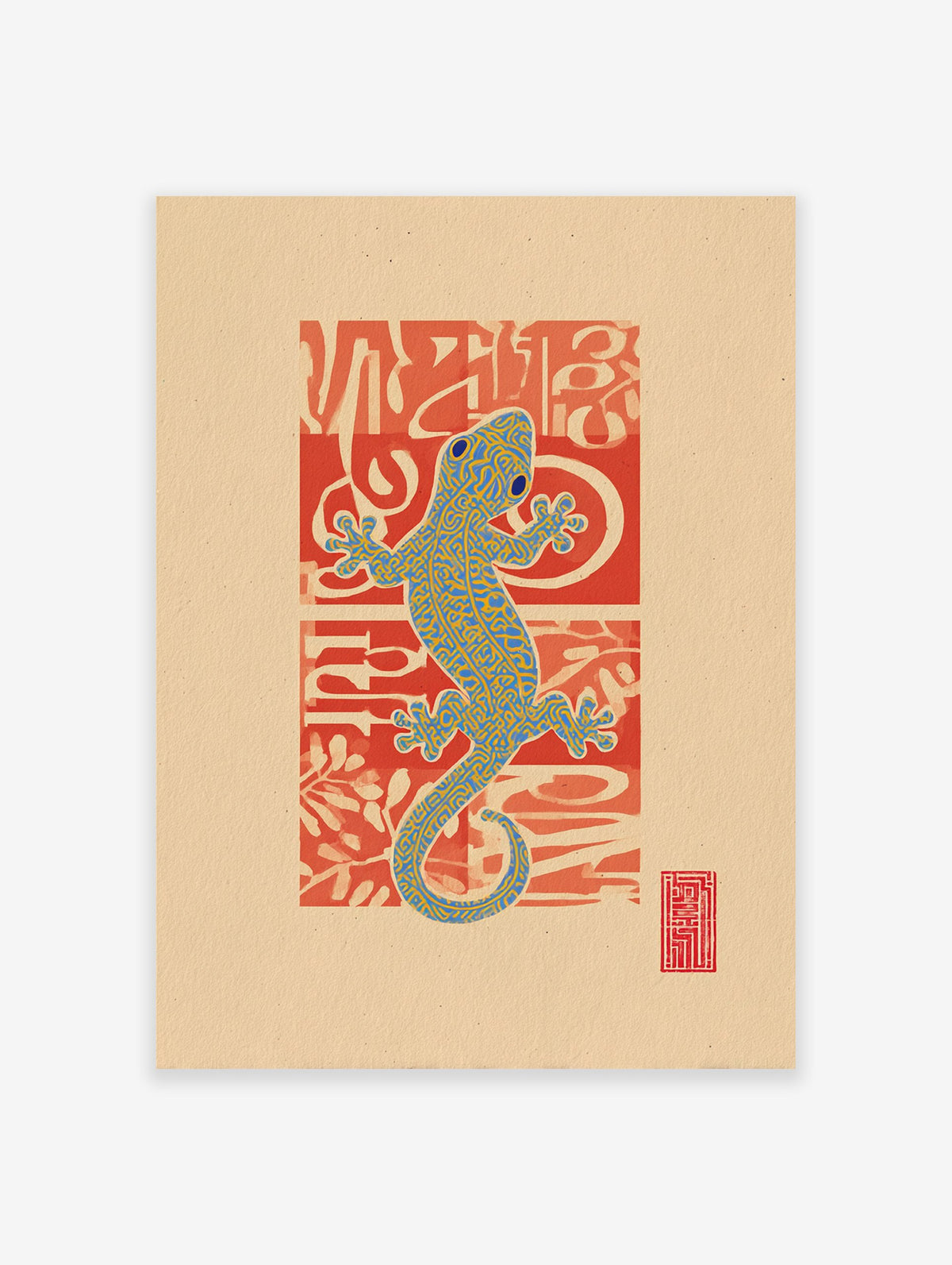 Blue and yellow patterned gecko art print on a vibrant red background with abstract shapes, set on a natural beige paper.