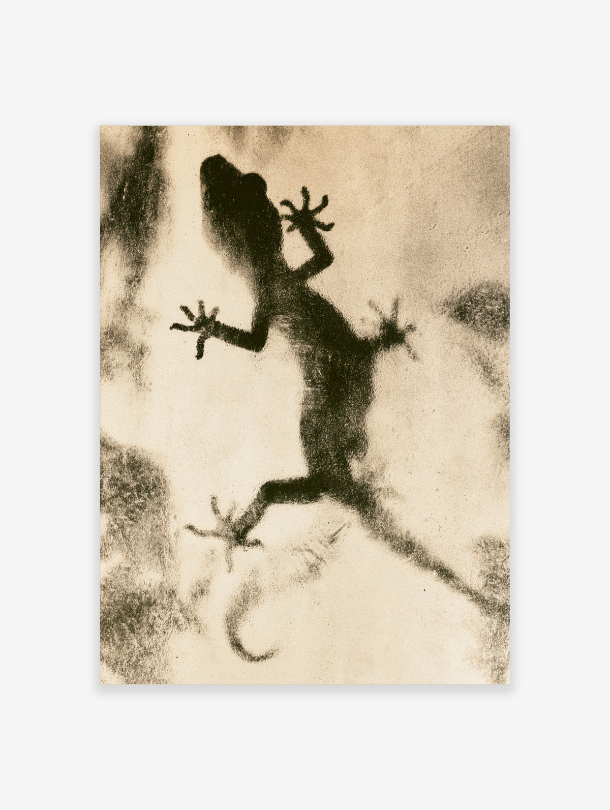 Gecko silhouette wall art print with dark lizard shape on beige textured background