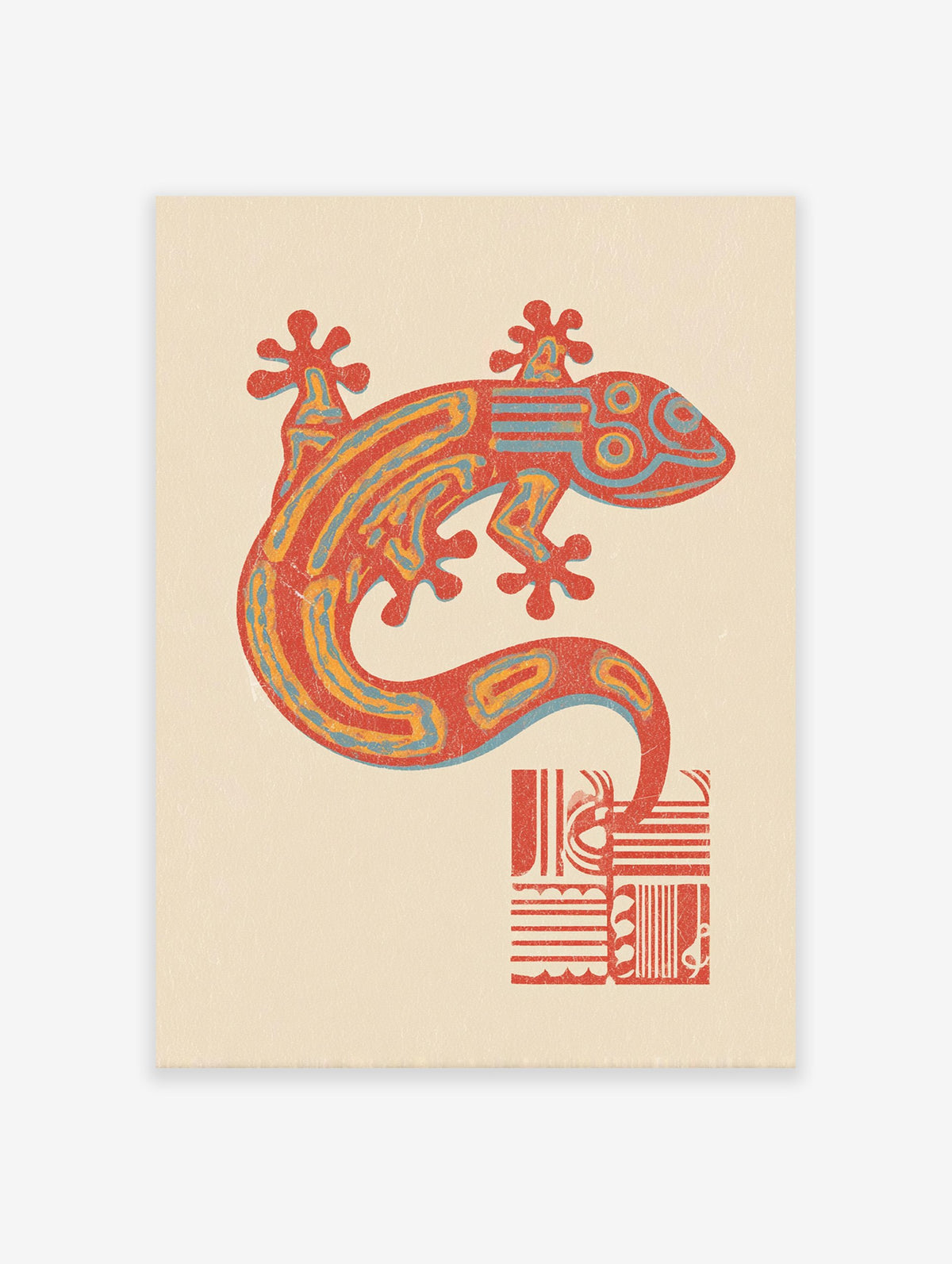 Cultural patterned gecko lizard illustration art print in red, orange, and blue on a cream background.