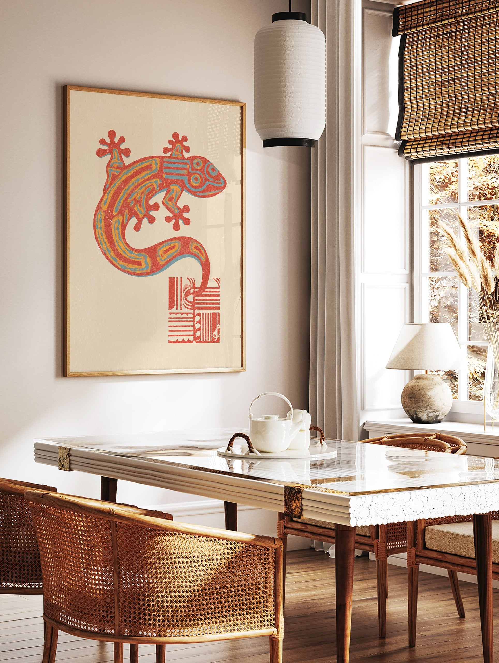 Cultural patterned gecko lizard illustration art print in red, orange, and blue on a cream background. - Image 2