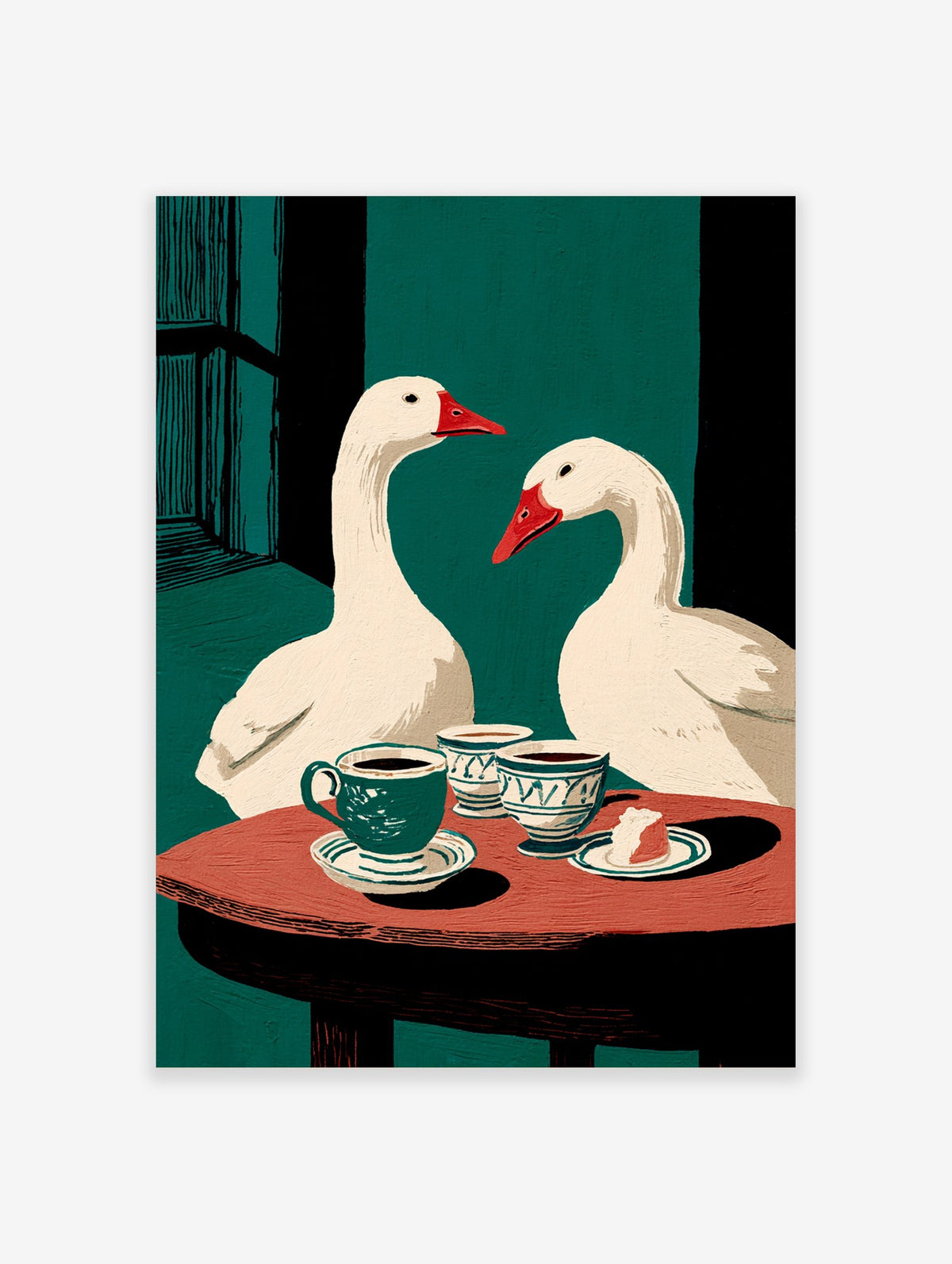 Illustrative wall art of two white geese with red beaks at a table with coffee cups and cake