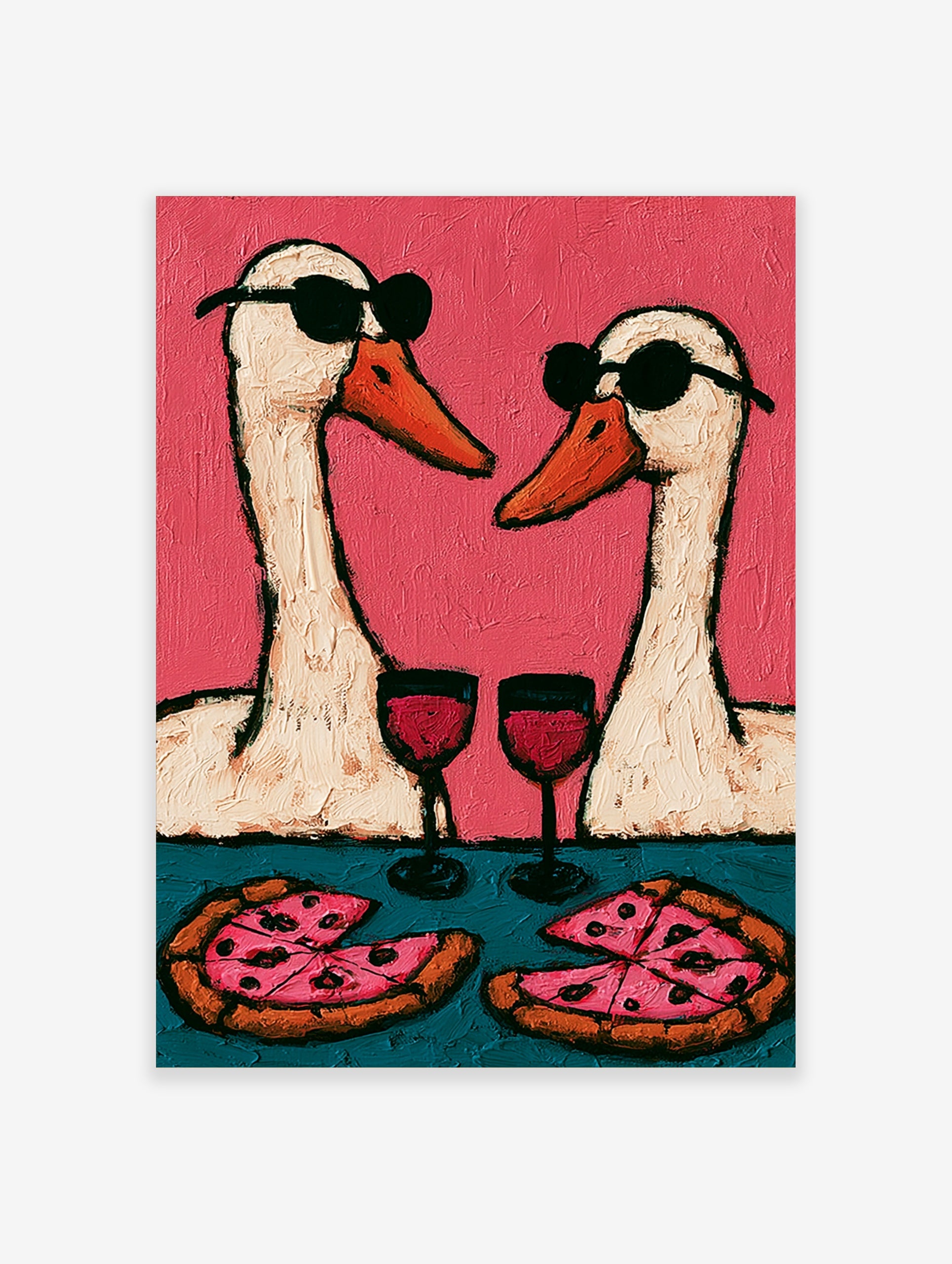 Playful wall art print of two geese wearing sunglasses, drinking wine, and eating pizza against a pink background