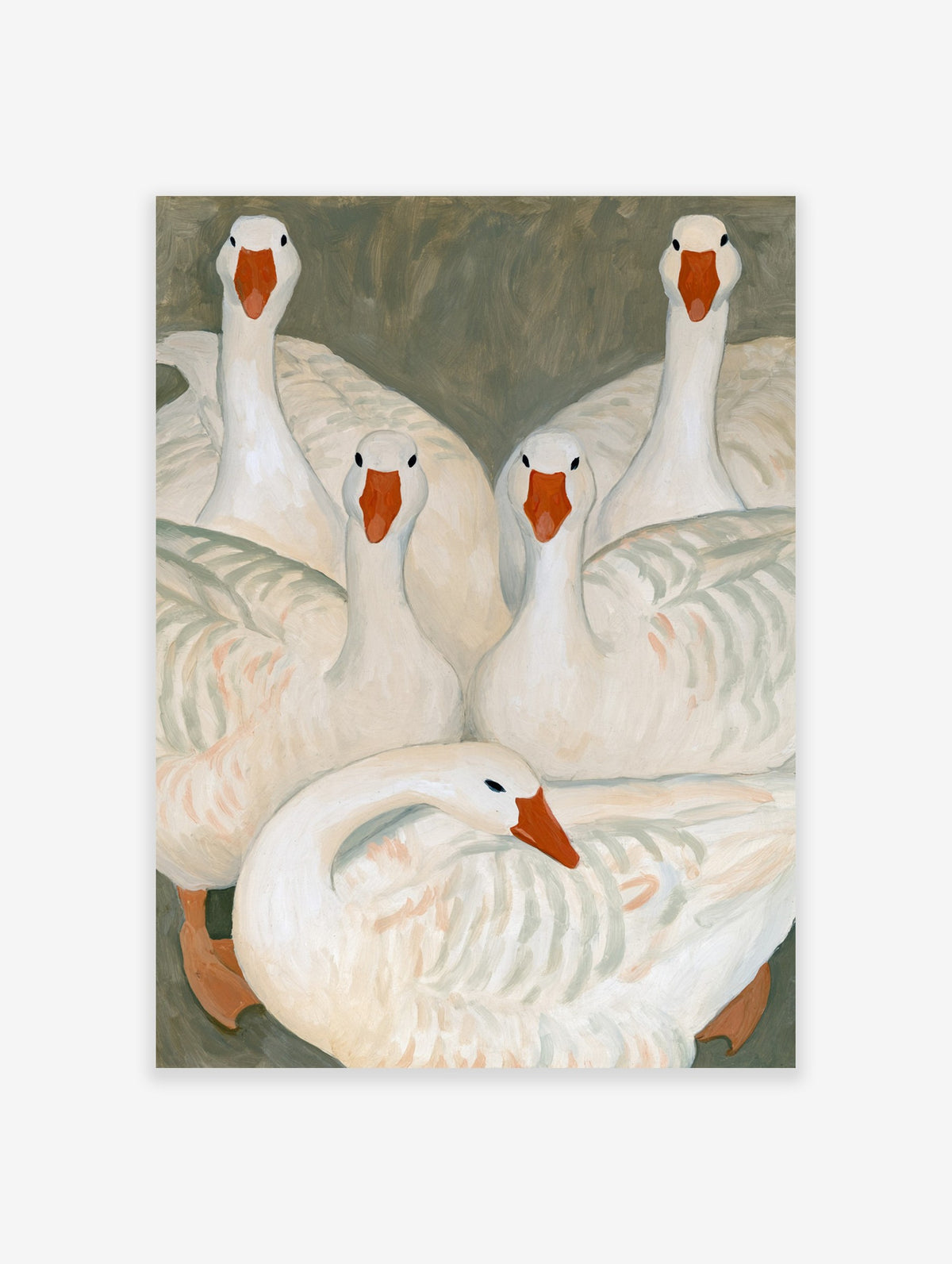 Illustration of five white geese with orange beaks and feet arranged in a folk art style on an earthy background