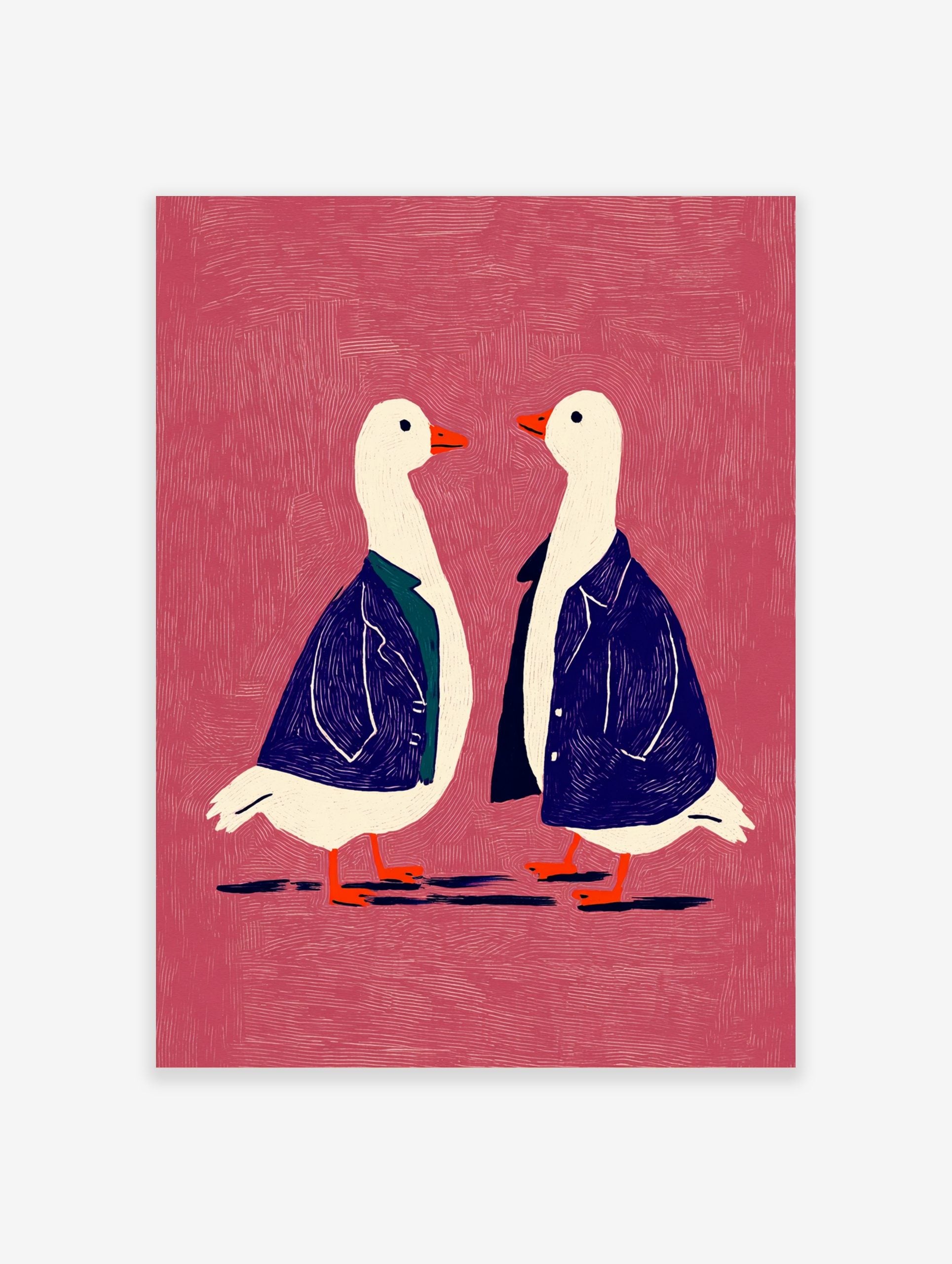 Two white geese in blue jackets with orange beaks on a textured pink background, facing each other