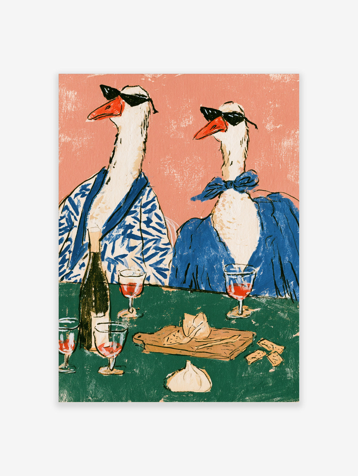 Illustration of two geese in sunglasses and blue clothes at a table with wine and garlic