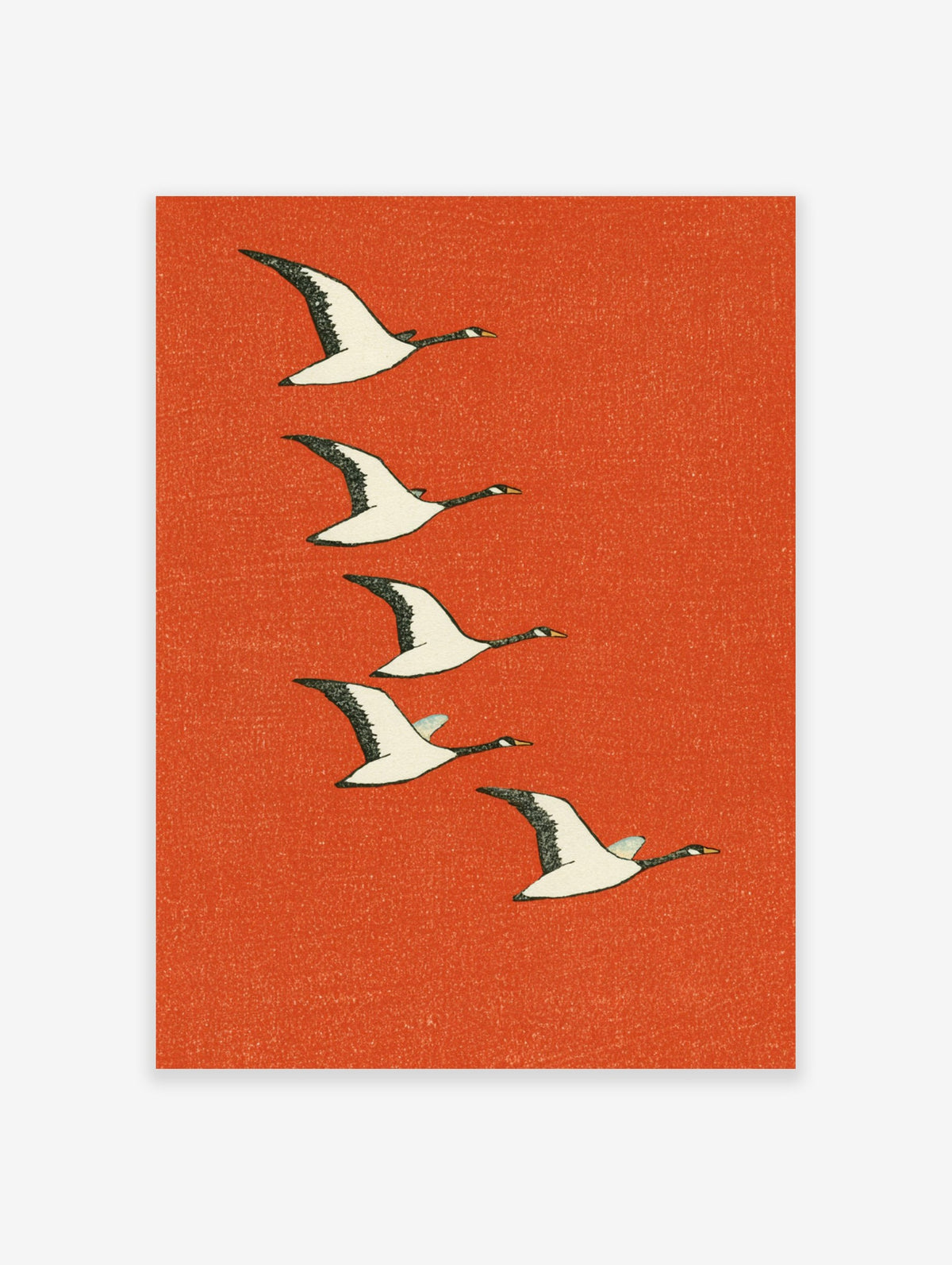 Five white geese flying in a diagonal line against a textured orange background, illustrative nature wall art