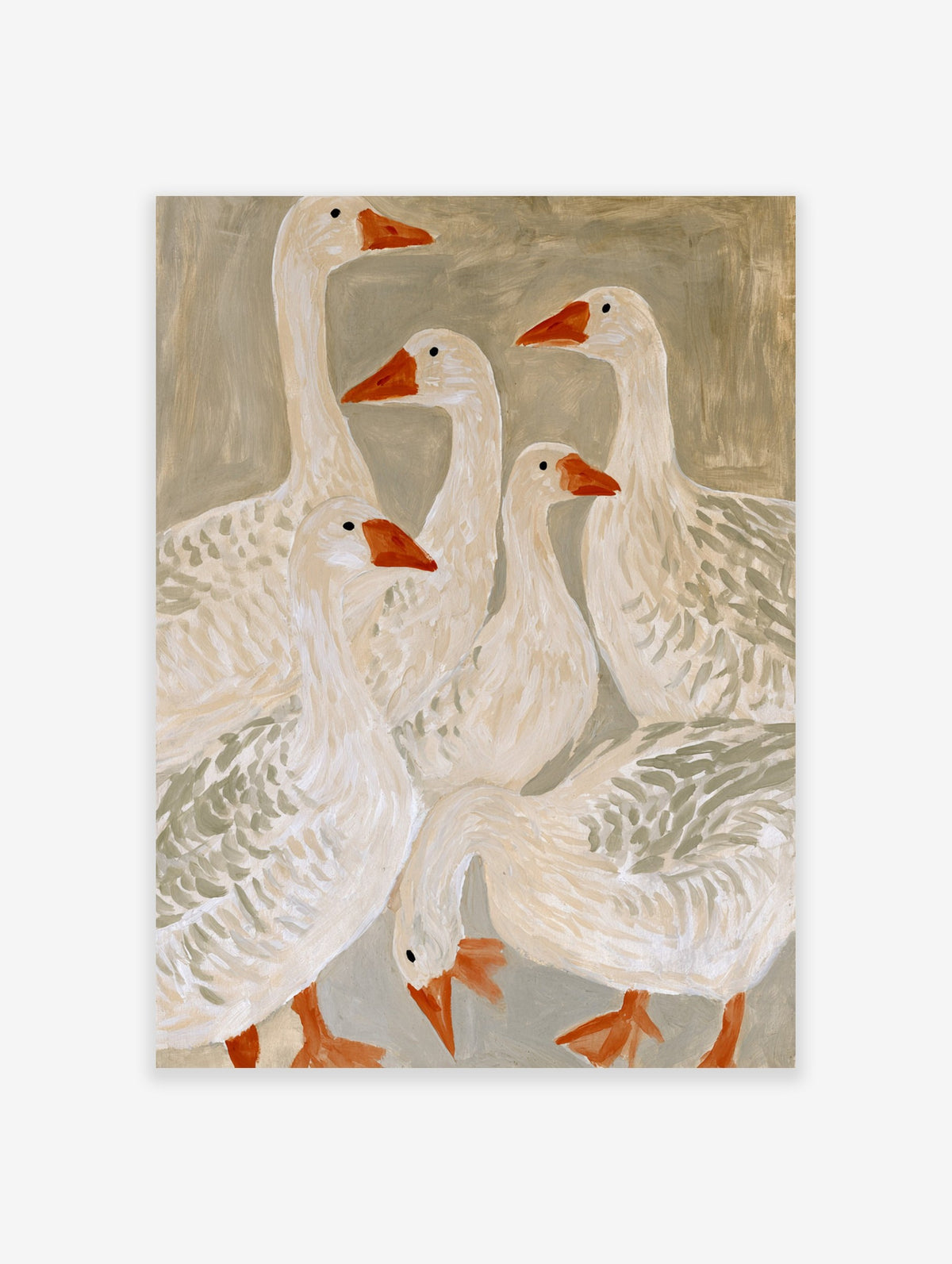 A group of five geese in a painterly style with orange beaks on an earthy brown background, art print