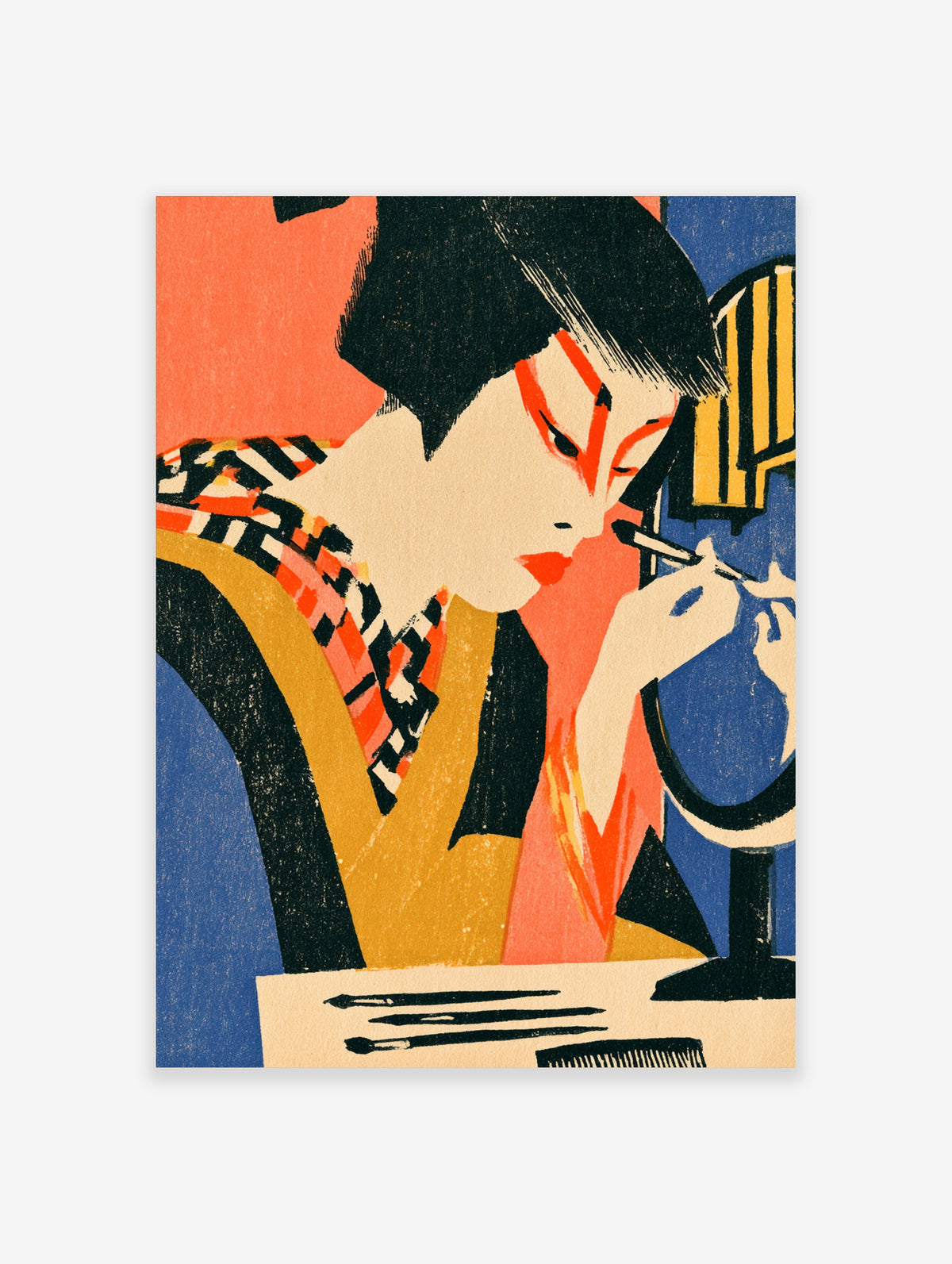 Geisha applying makeup with brush at vanity mirror, blue and orange background, Japanese portrait poster