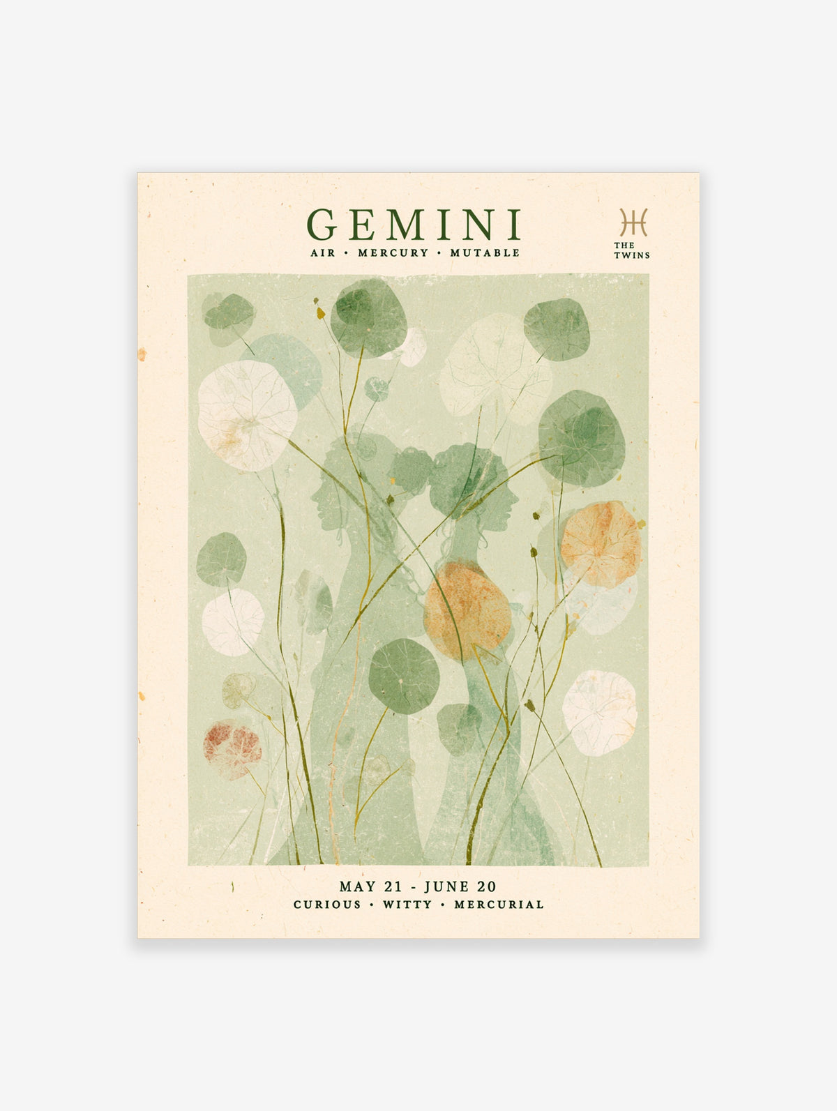 Gemini zodiac poster with twin silhouettes, green leaf shapes, and celestial text on a cream background