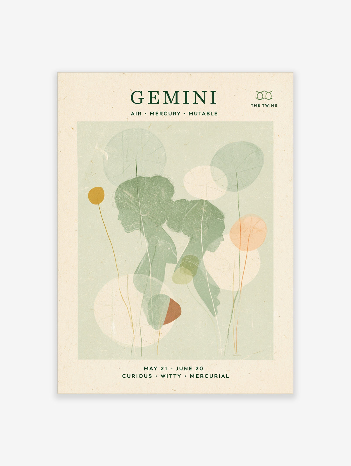 Gemini zodiac poster with two green profile silhouettes, lily pads, and astrology text on a light green background
