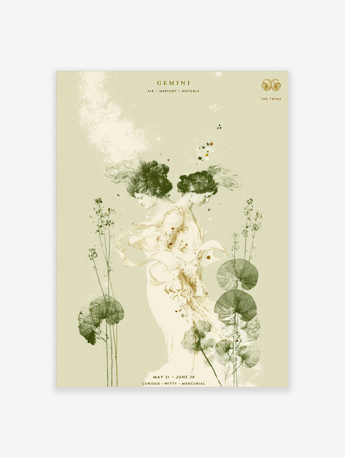 Gemini zodiac poster with twin female figures, botanical stems, and celestial text on cream background