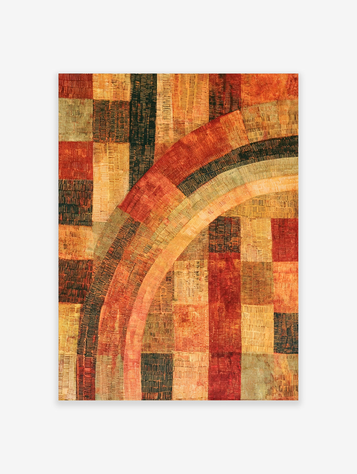 Geometric abstract arch art print with warm red, orange, and beige patchwork blocks and textured linework
