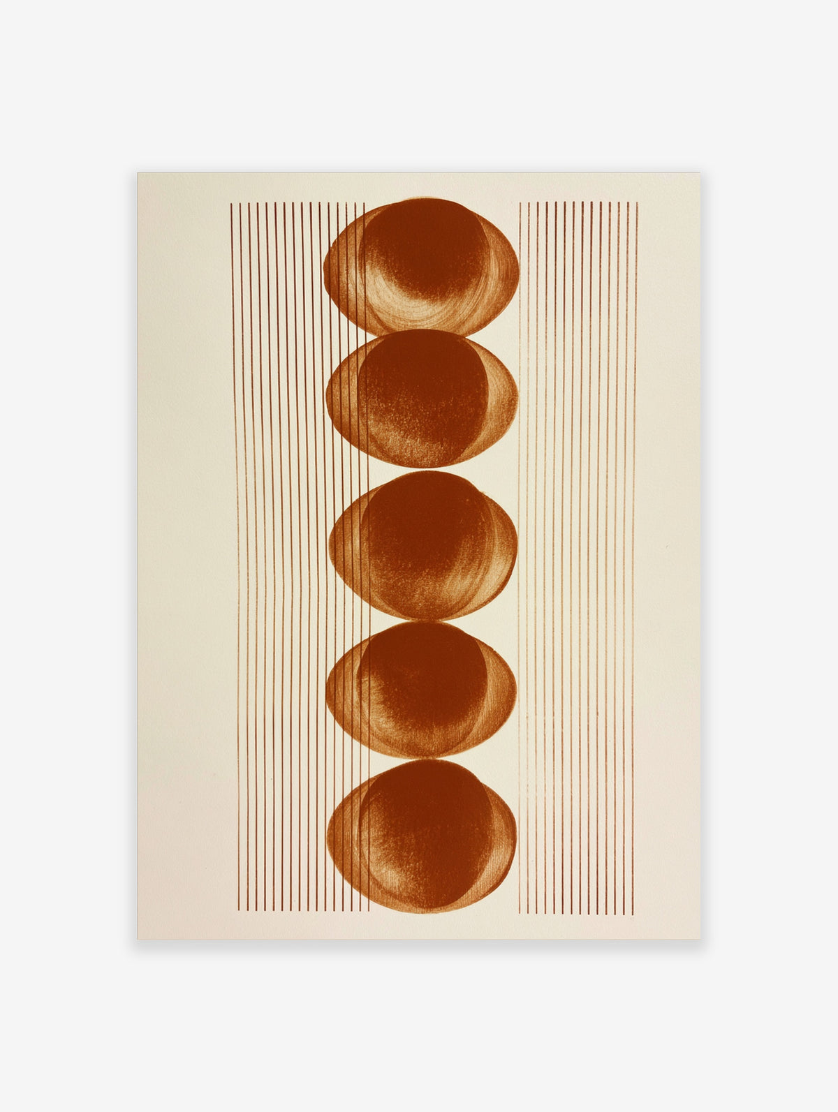 Minimalist geometric wall art with five stacked terracotta circles and vertical lines on a white background