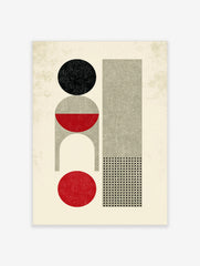 Geometric abstract art print featuring a distressed black circle, grey arch, red shapes, and a dotted pattern