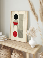 Geometric abstract art print featuring a distressed black circle, grey arch, red shapes, and, in an alternate framed mockup