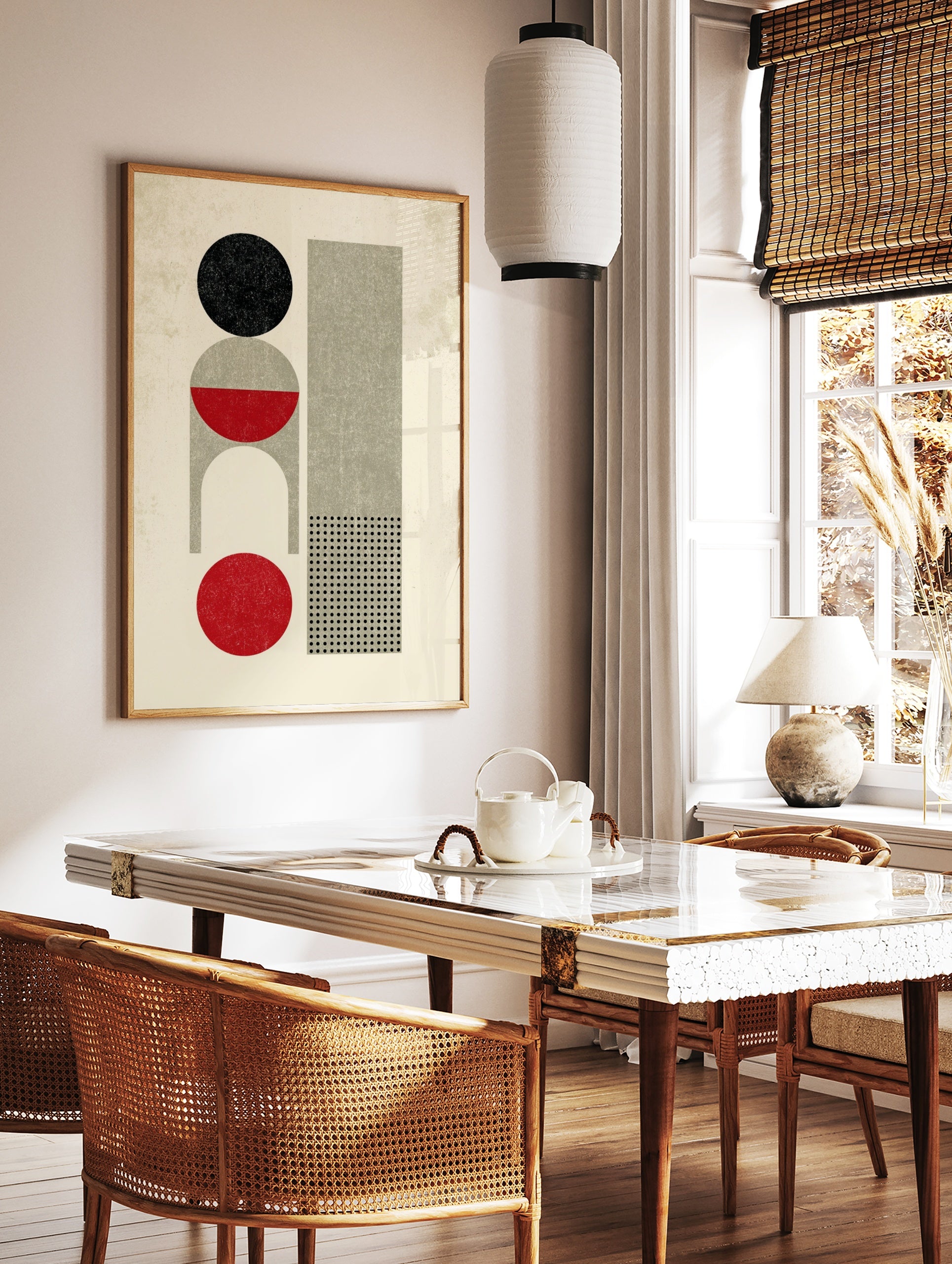 Geometric abstract art print featuring a distressed black circle, grey arch, red shapes, and a, in a styled room mockup