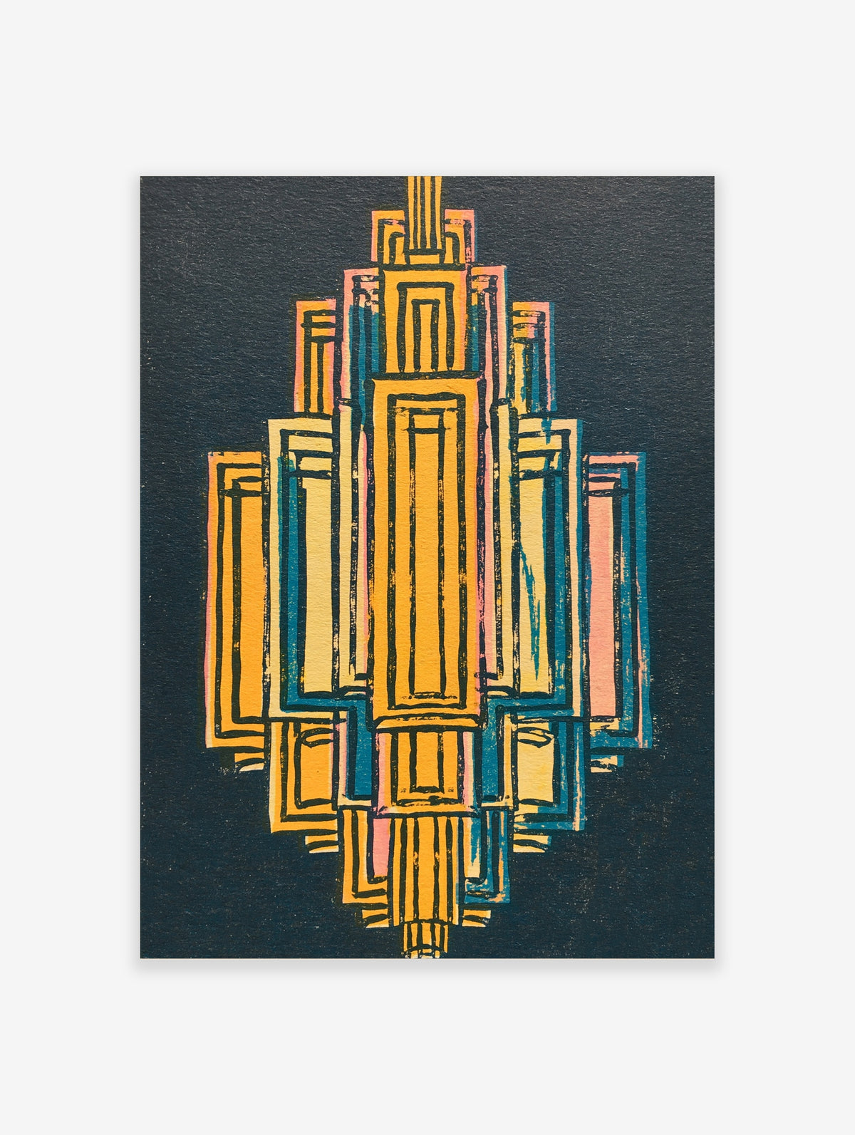 Geometric abstract art print with yellow, teal, and pink rectangles on dark navy background