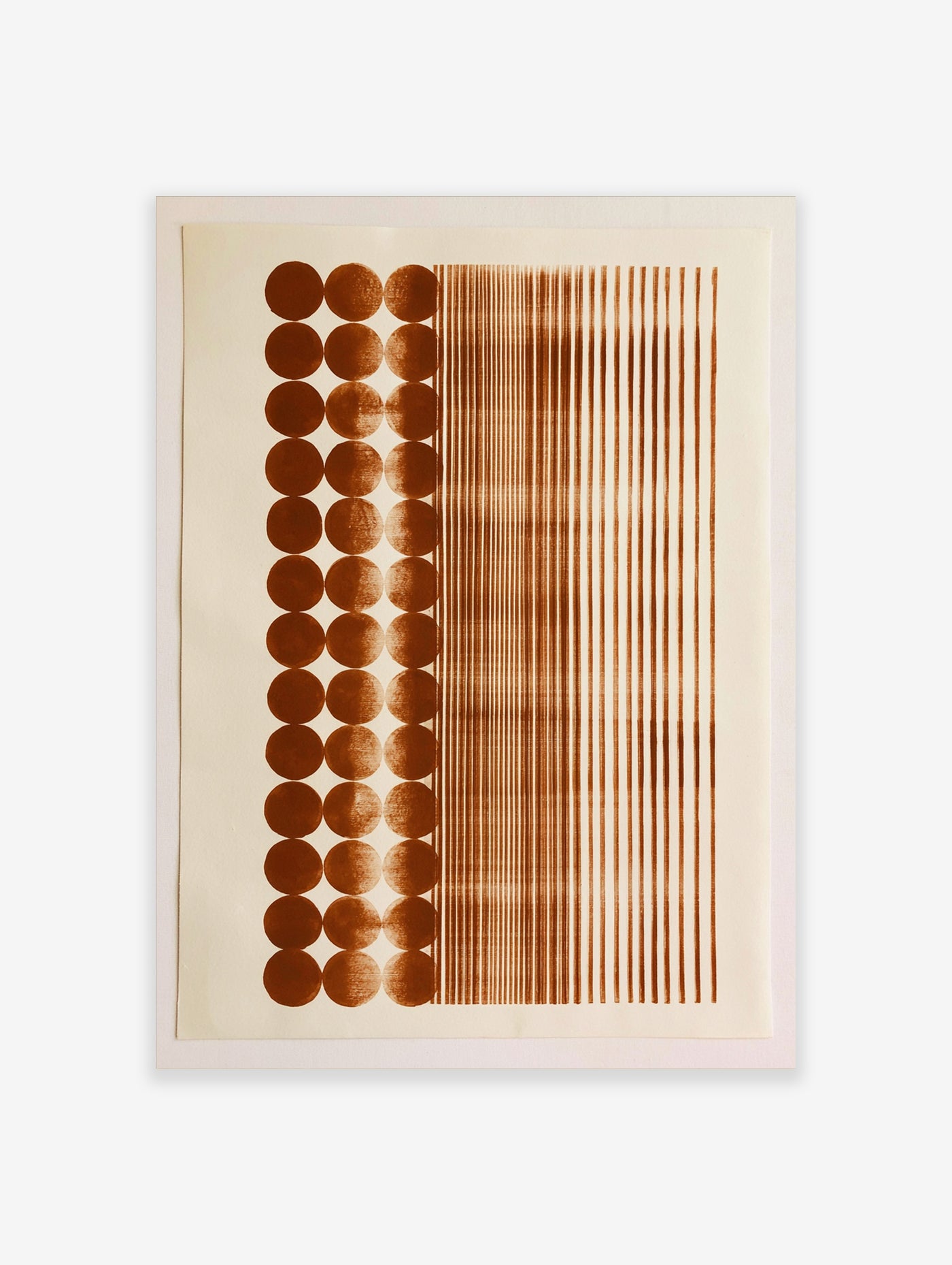 Geometric abstract wall art with brown circles and vertical lines on a white background, minimalist graphic design print
