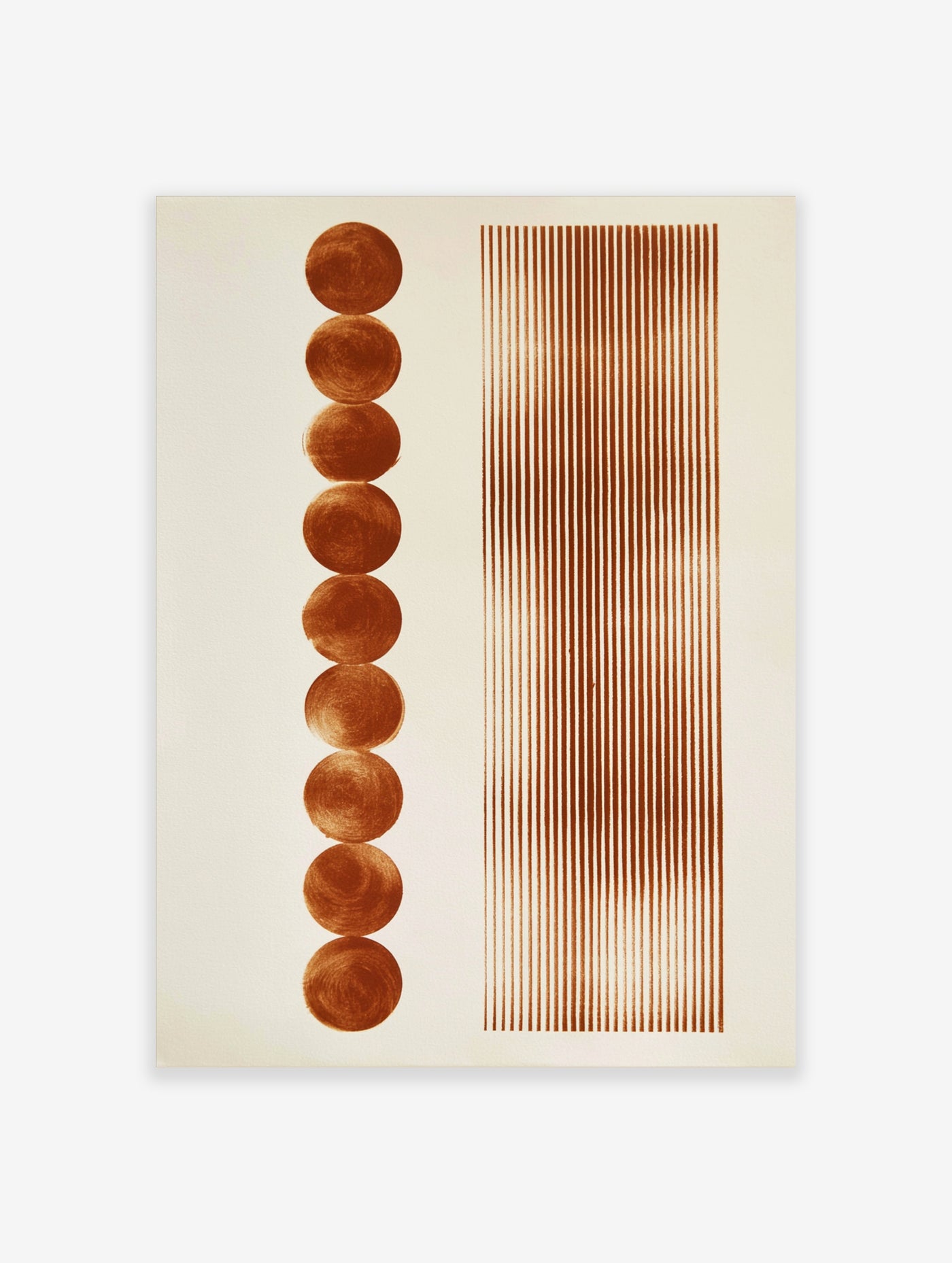 Minimalist abstract wall art with brown circles and vertical stripes on a cream background
