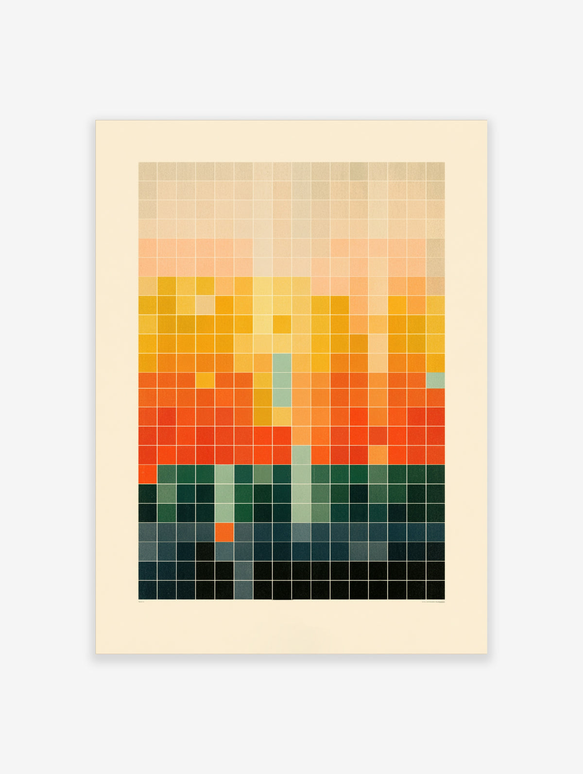 Geometric colour gradient poster with a grid of cream, yellow, orange, green, and blue squares
