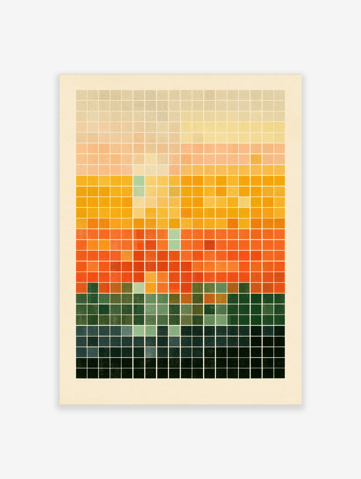 Geometric grid poster with square colour blocks shifting from cream and yellow to orange, green and black