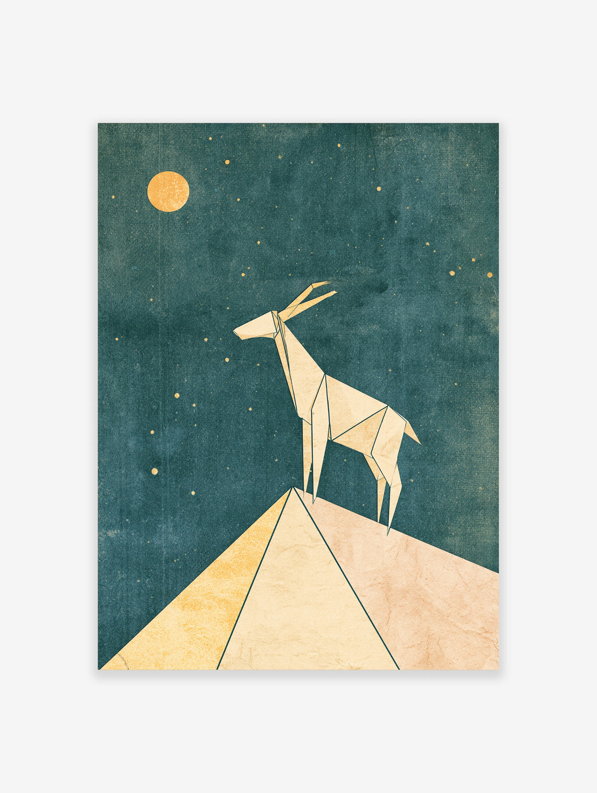 Geometric deer art print with faceted stag on pale mountain under teal starry sky and gold moon