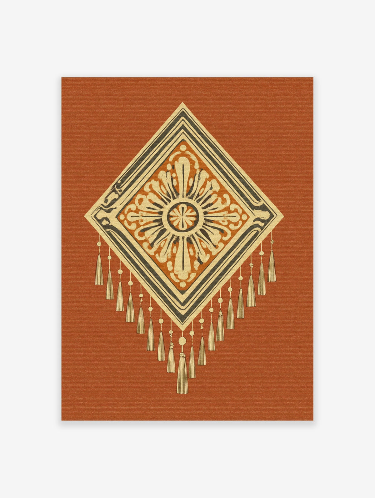 Geometric diamond wall art with orange and cream ornate pattern, tassels, and concentric borders on terracotta background
