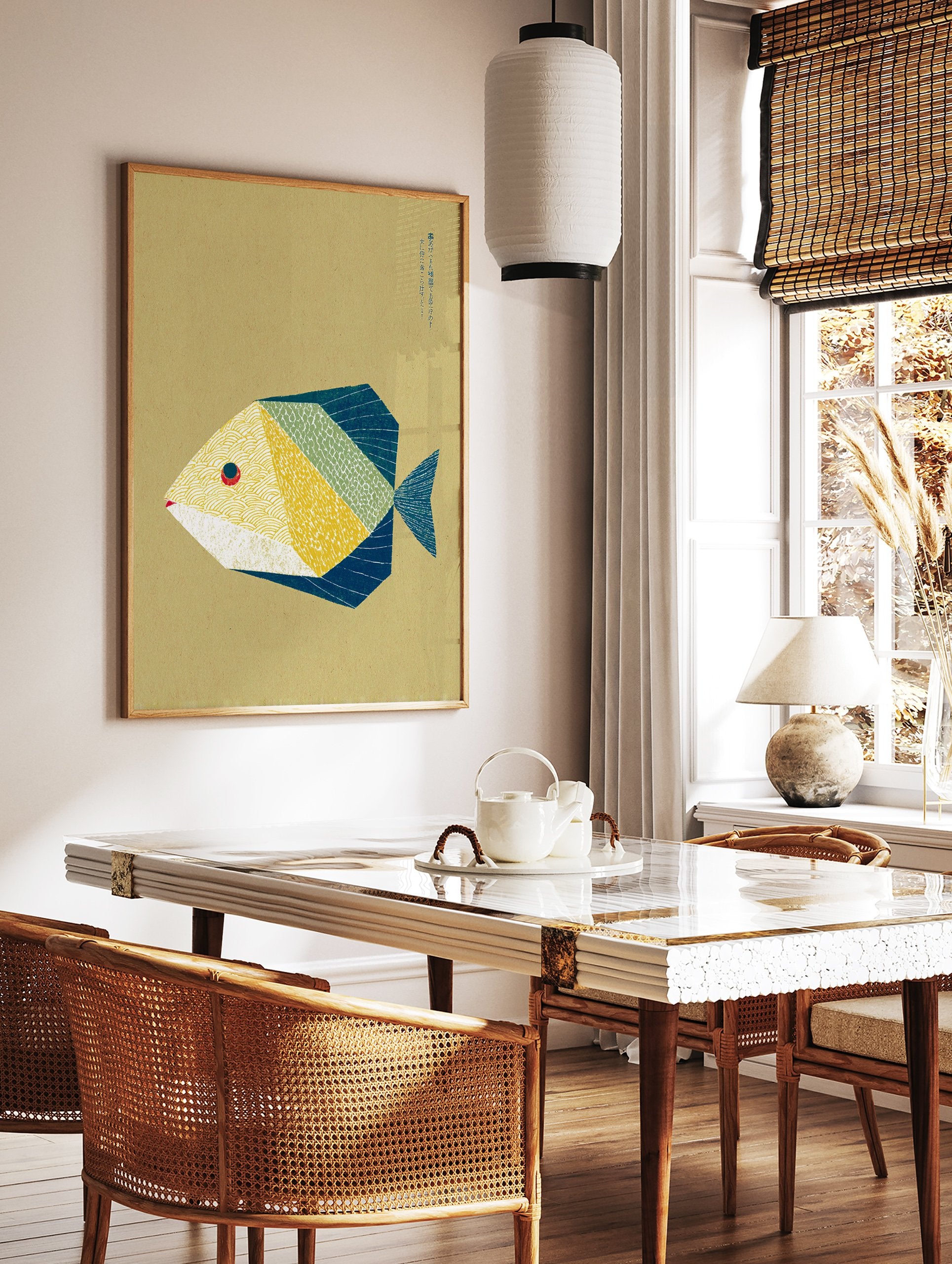 Geometric fish wall art print with yellow, green, and blue segments on a brown background, featuring Japanese text. - Image 2