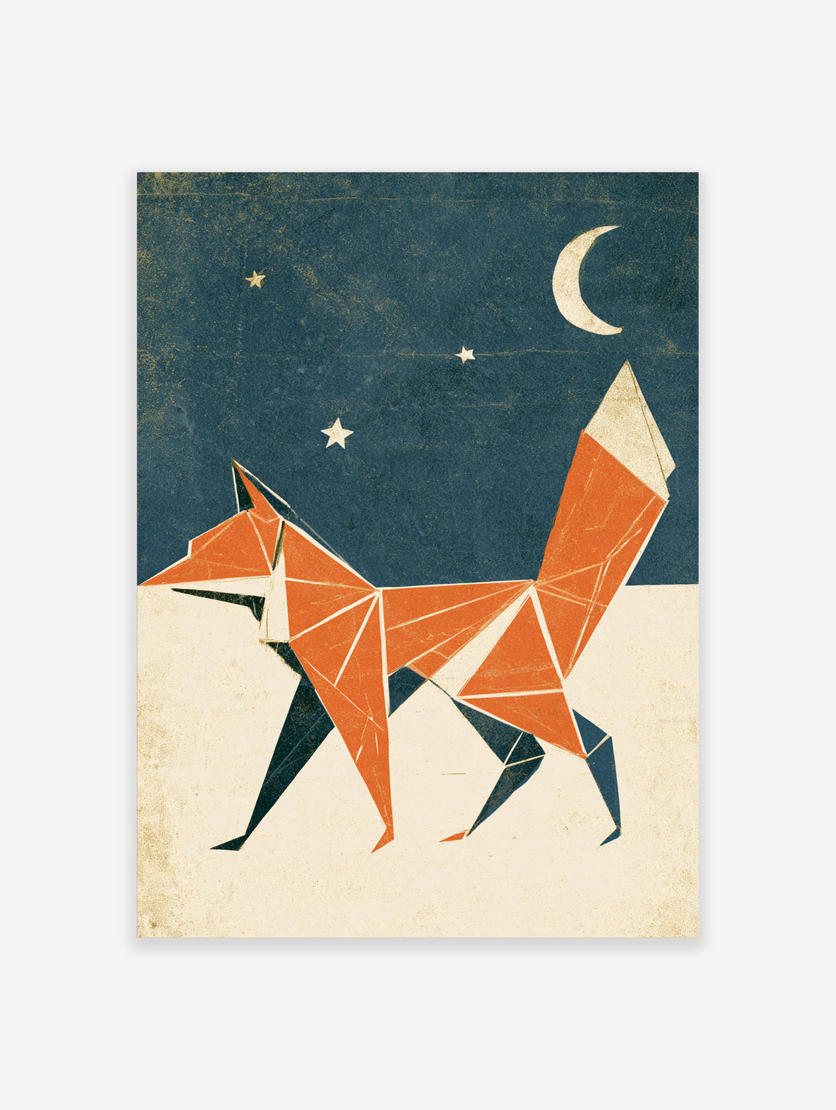 Geometric fox poster with orange and navy facets under a crescent moon and stars
