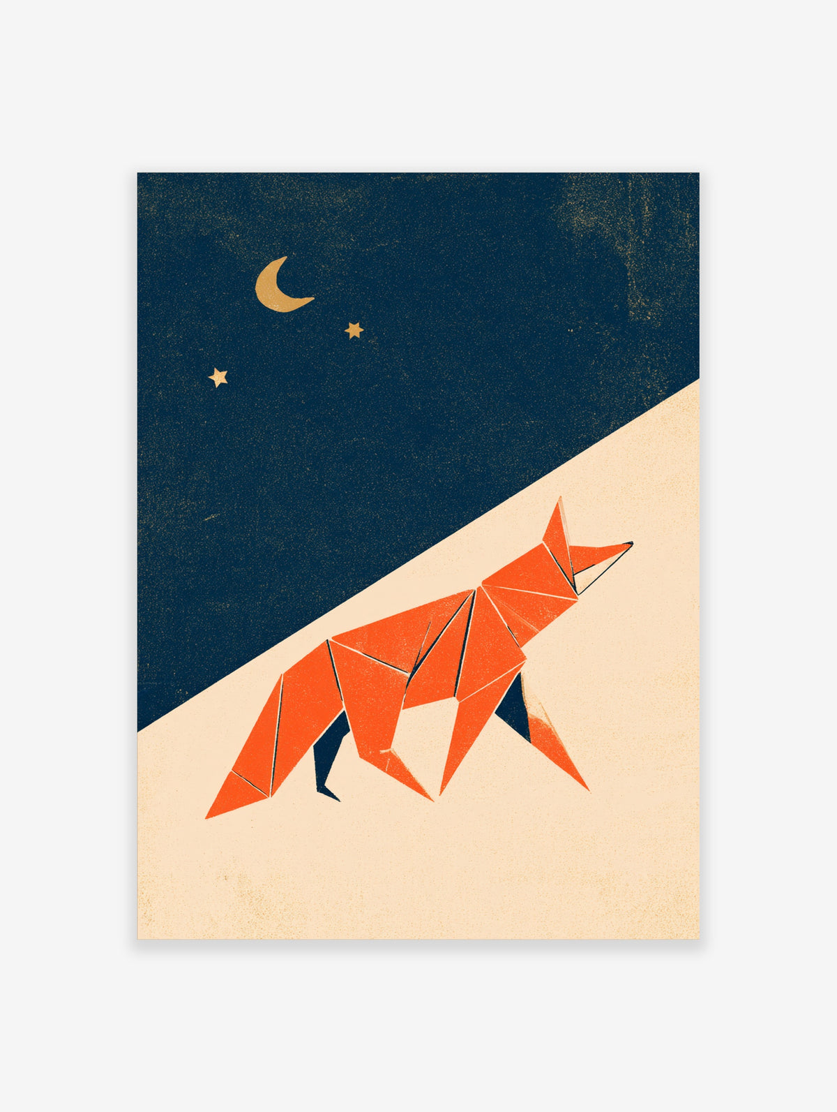 Geometric orange fox poster with crescent moon and stars on navy and cream background