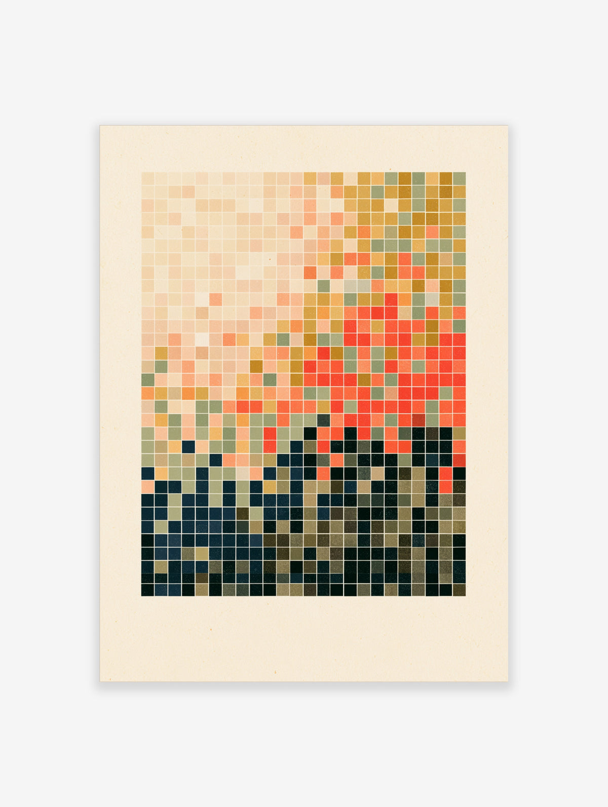 Geometric grid art print with colourful mosaic squares in cream, orange, red, green and navy