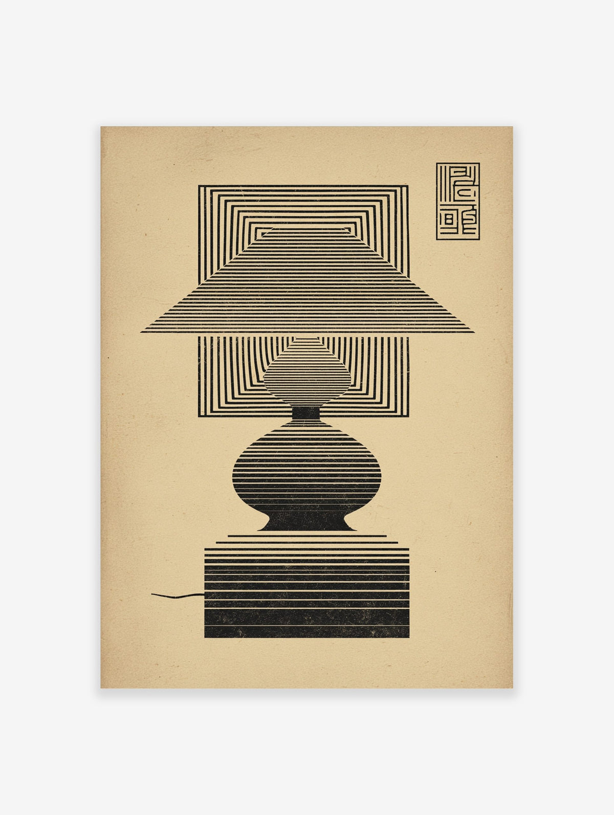 Geometric lamp illustration art print with concentric black lines on a beige background, Op Art style
