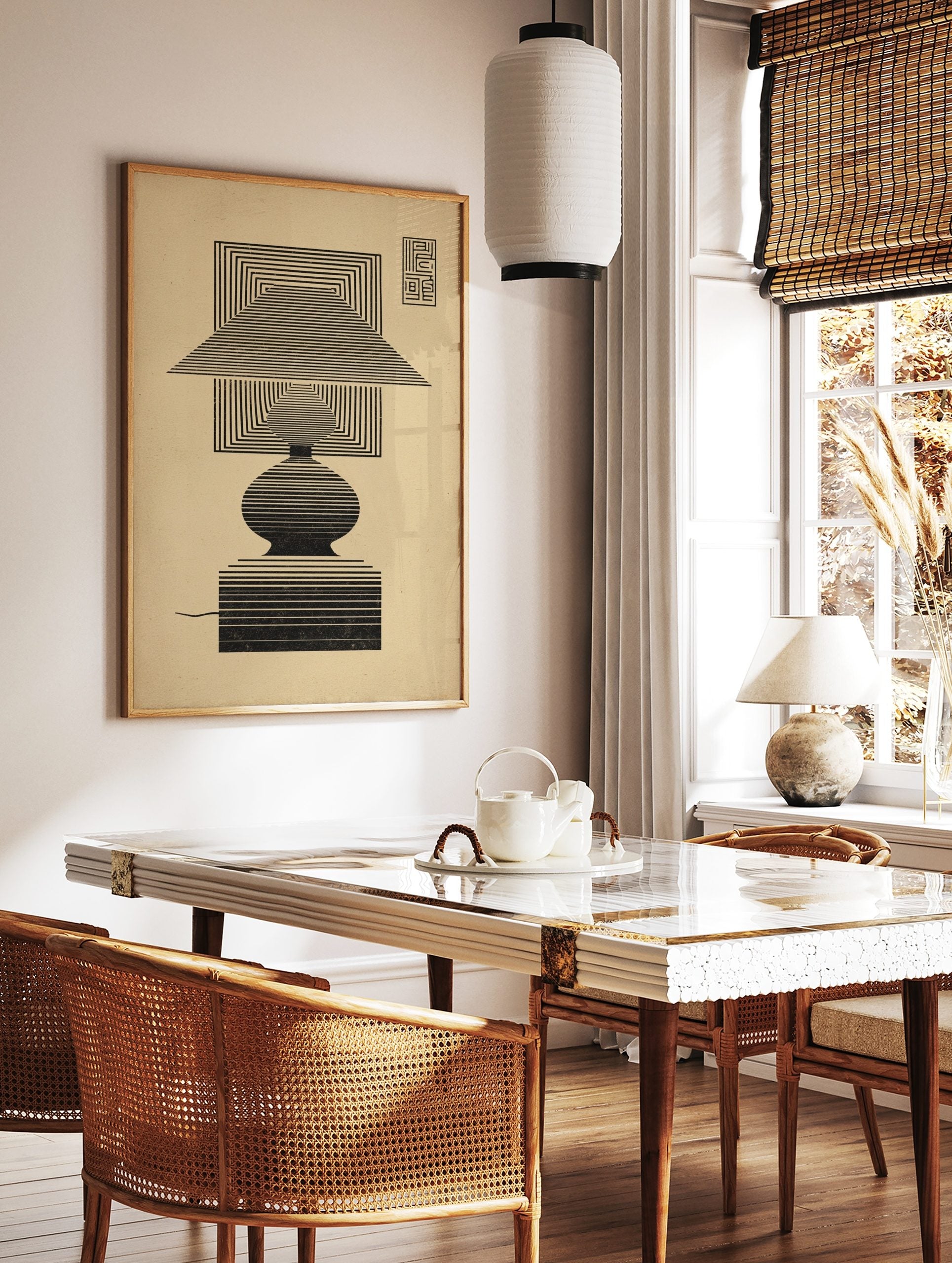 Geometric lamp illustration art print with concentric black lines on a beige background, Op Art, in a styled room mockup