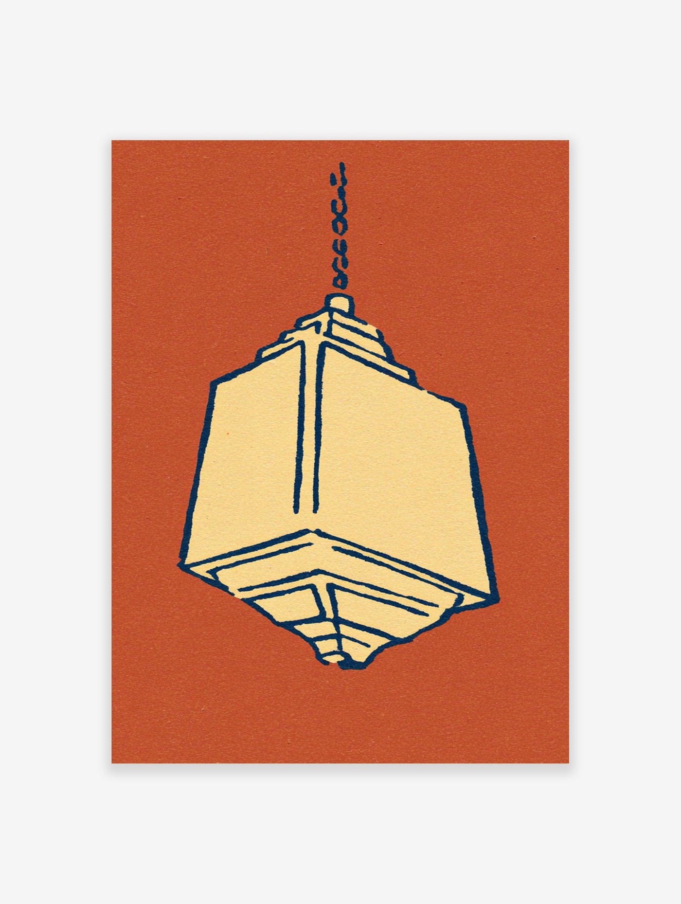 Geometric lantern illustration with navy outlines on cream, burnt orange background, unframed paper print