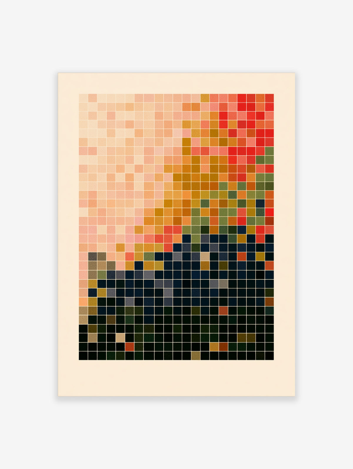 Geometric pixel art poster with a colourful grid of red, orange, green and navy squares