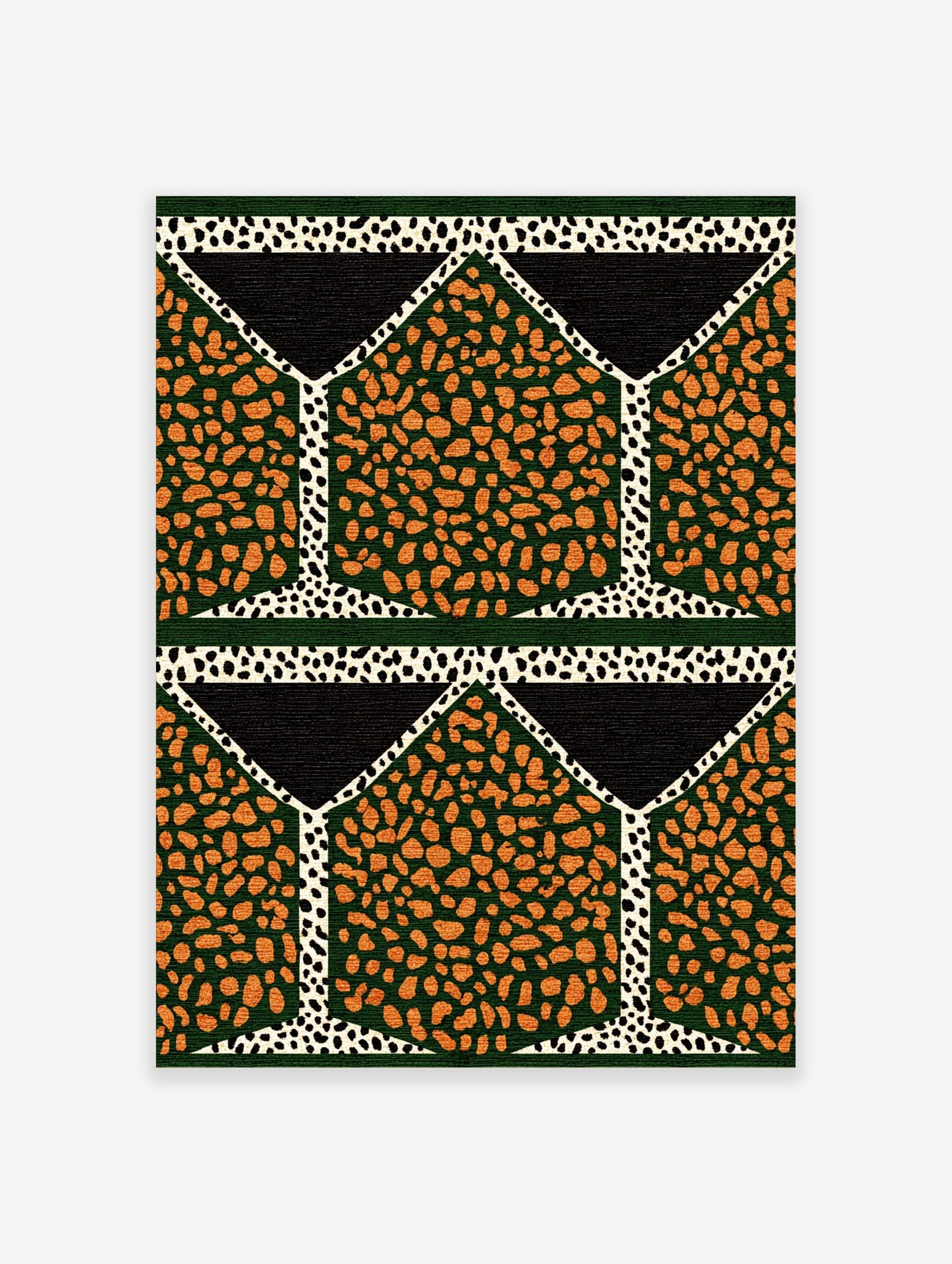 Geometric pattern wall art with orange speckled shapes on dark green, black triangles, and white spotted lines