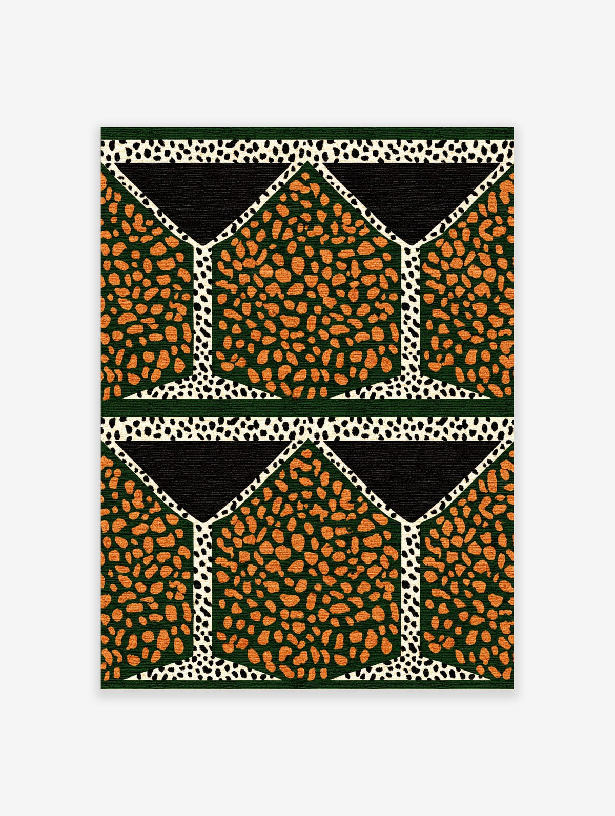 Geometric pattern wall art with orange speckled shapes on dark green, black triangles, and white spotted lines