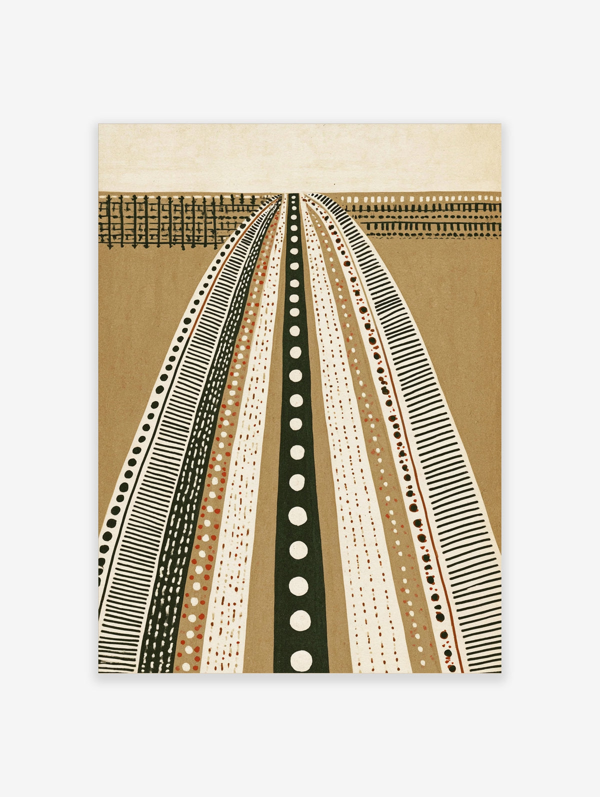 Geometric sunburst art print with radiating black, white and tan lines and dotted circles