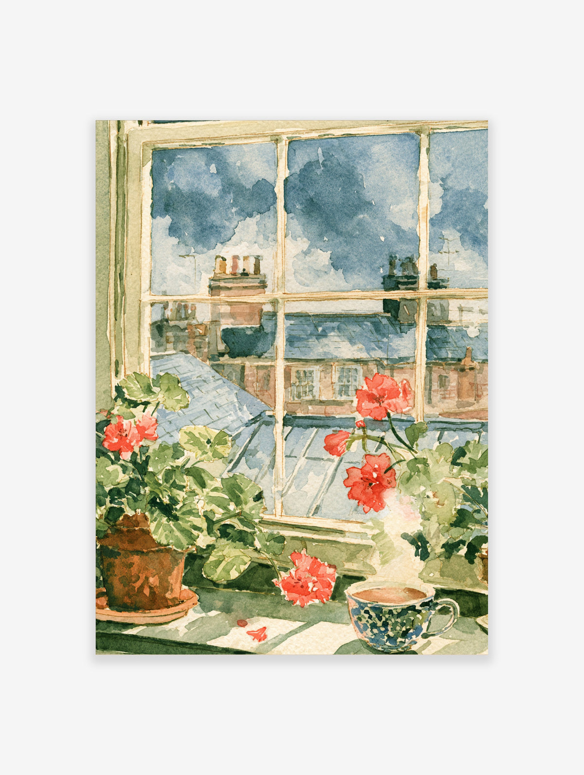 Watercolour poster of red geraniums in pots on a windowsill with a teacup and rooftop view