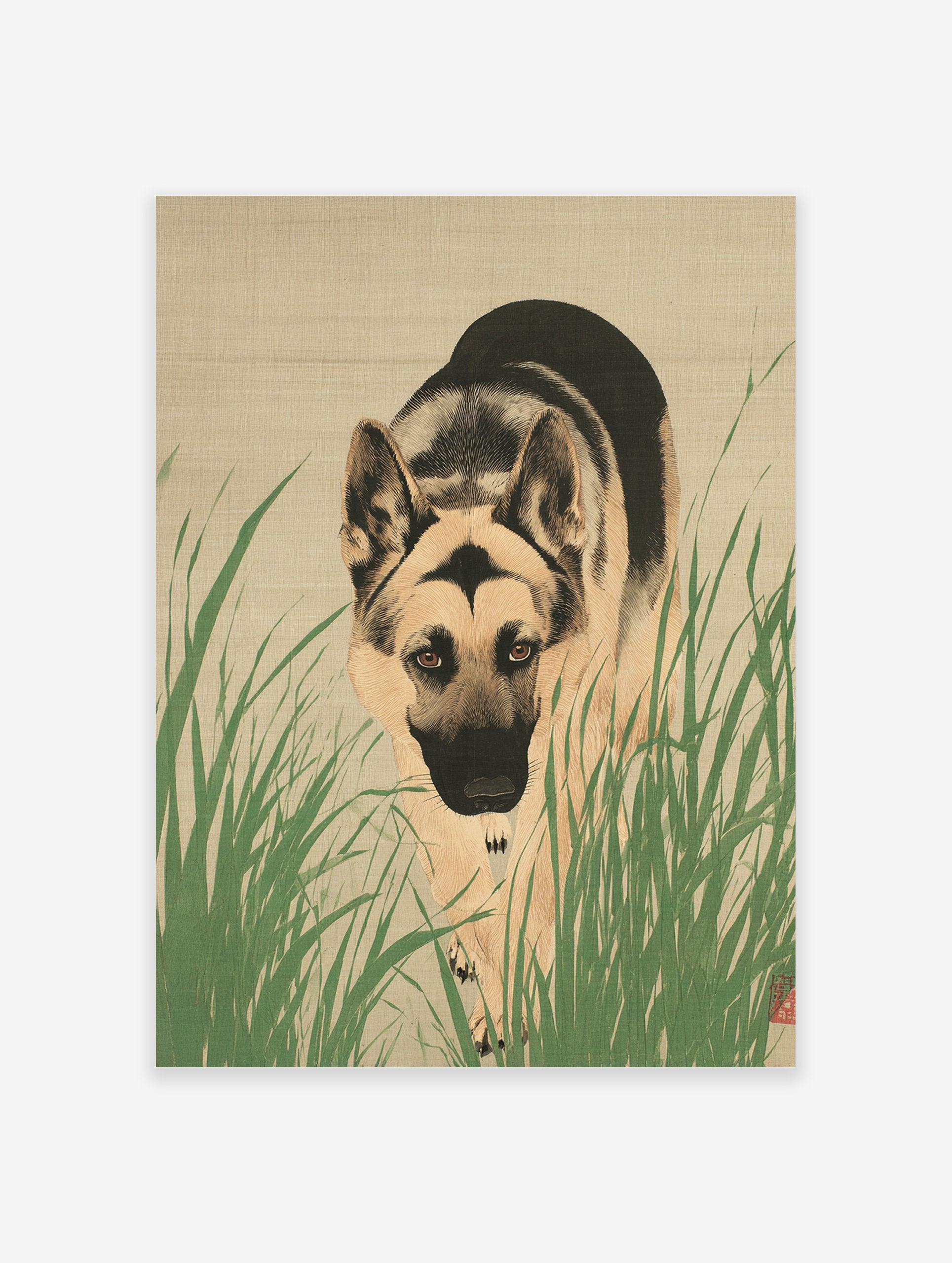 Japanese style illustration of a German Shepherd dog partially hidden by green grass, looking directly at the viewer.